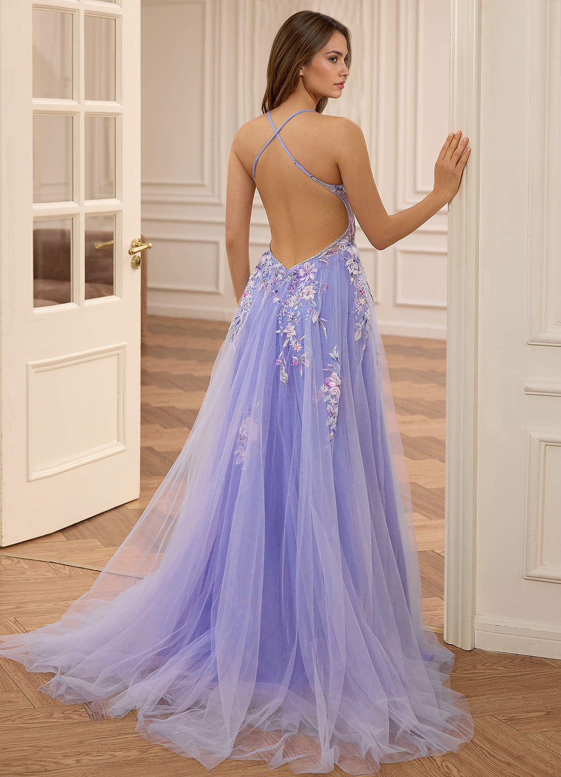 purple tulle halter dress Vivienne Purple Halter V-neck A-line Sequin Embroidery with Beading Prom  Dress