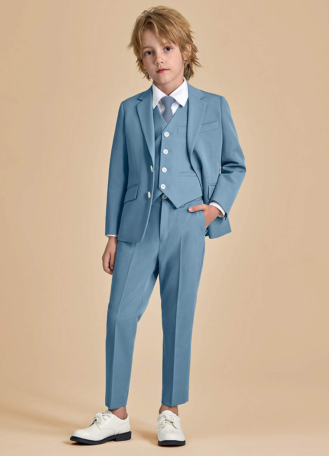 front Oliver Boys Light Blue 5-Piece Suit With Pre-tie