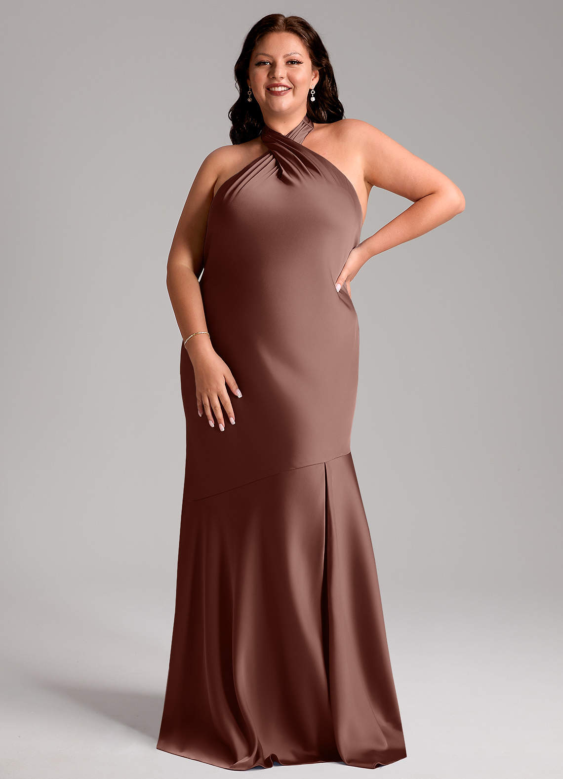 Azazie Lorena Bridesmaid Dresses Espresso Mermaid Pleated Stretch Satin Dress image1