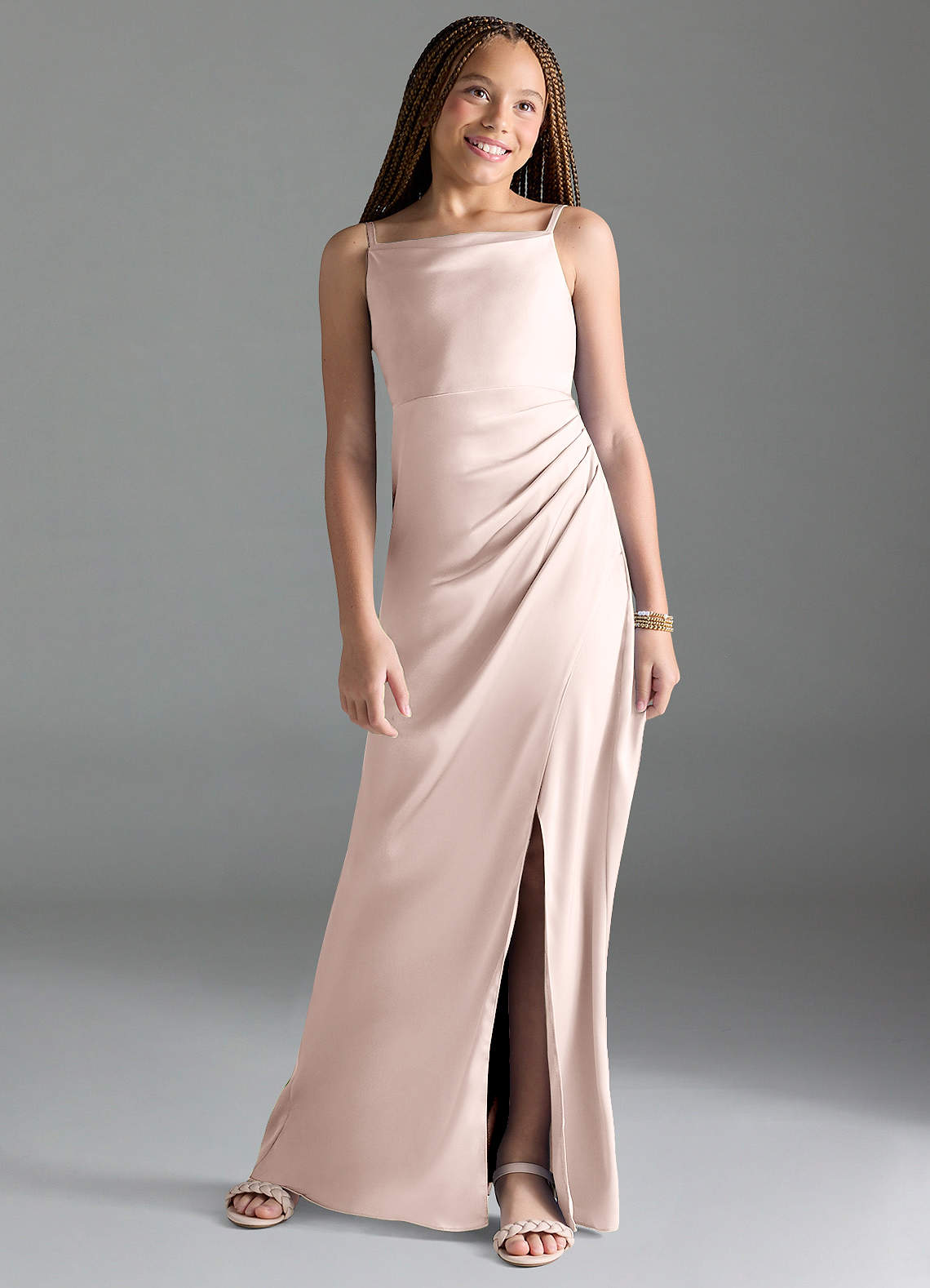 Azazie Leonis Junior Blushing Pink A-Line Pleated Stretch Satin Dress image1