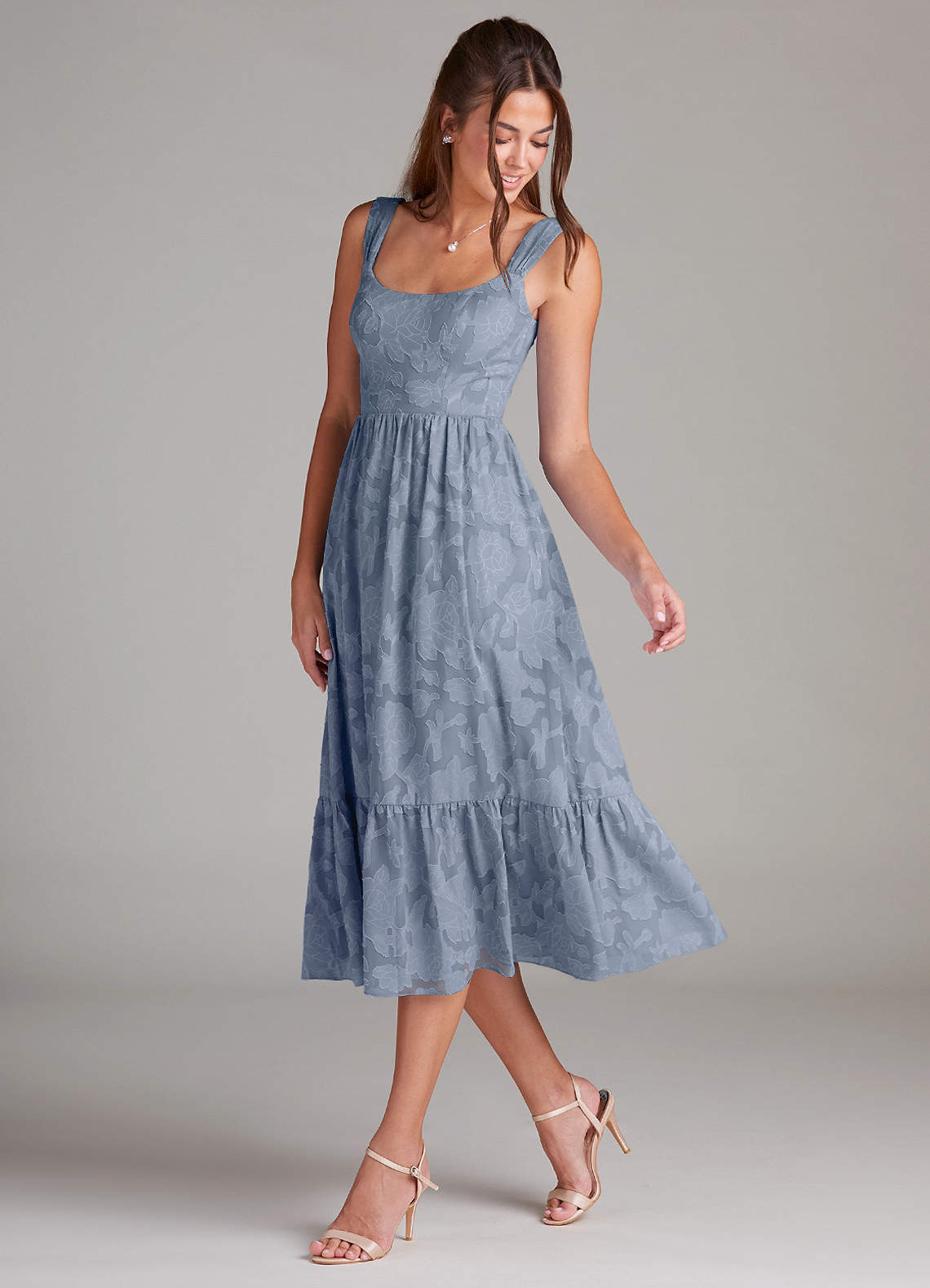 Azazie Alissa Bridesmaid Dresses Dusty Blue A-Line with Pockets Floral Burnout Dress image4