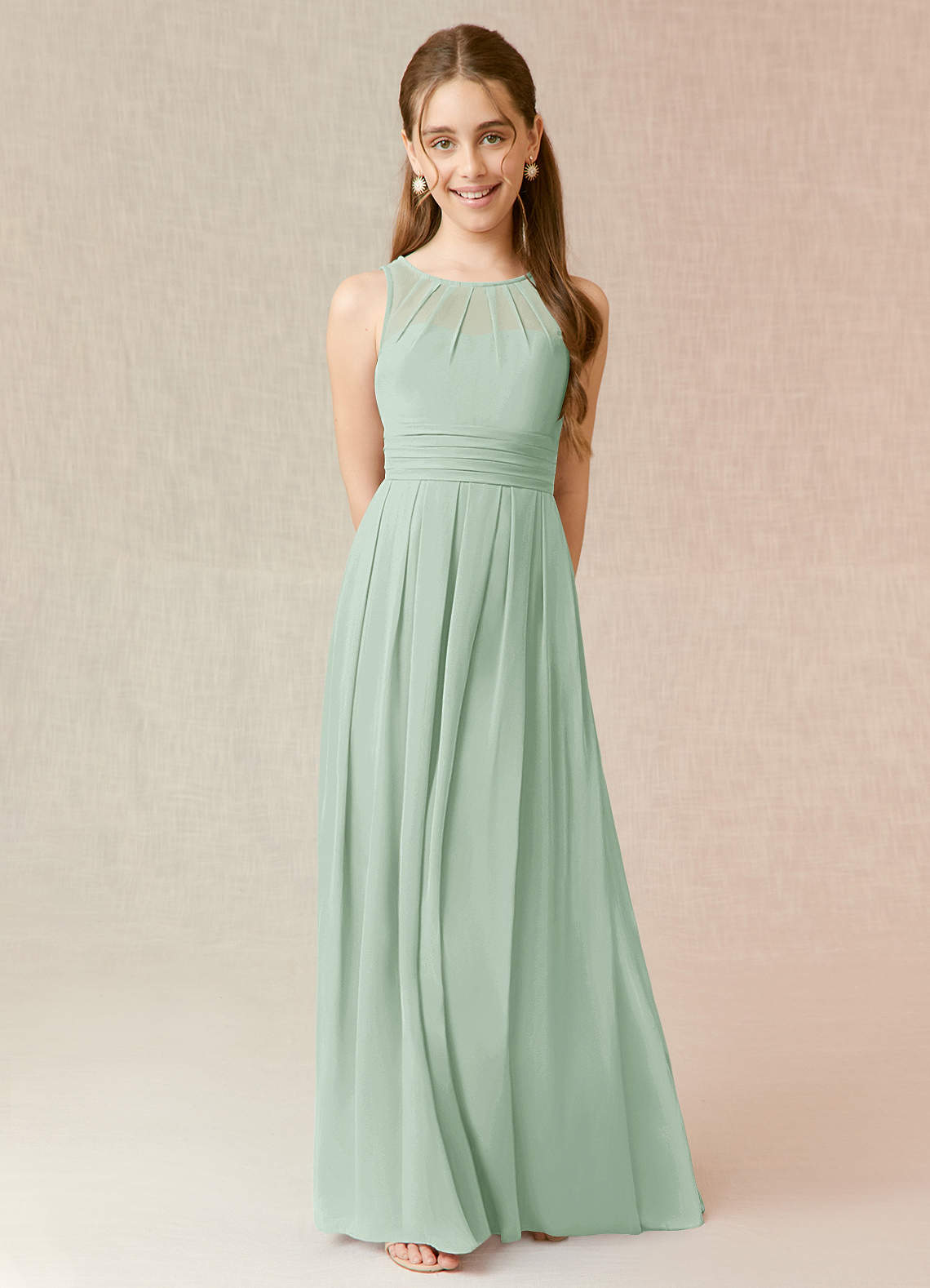 Azazie Bibiane Junior Abito A-Line in Chiffon Plissettato Agave image1