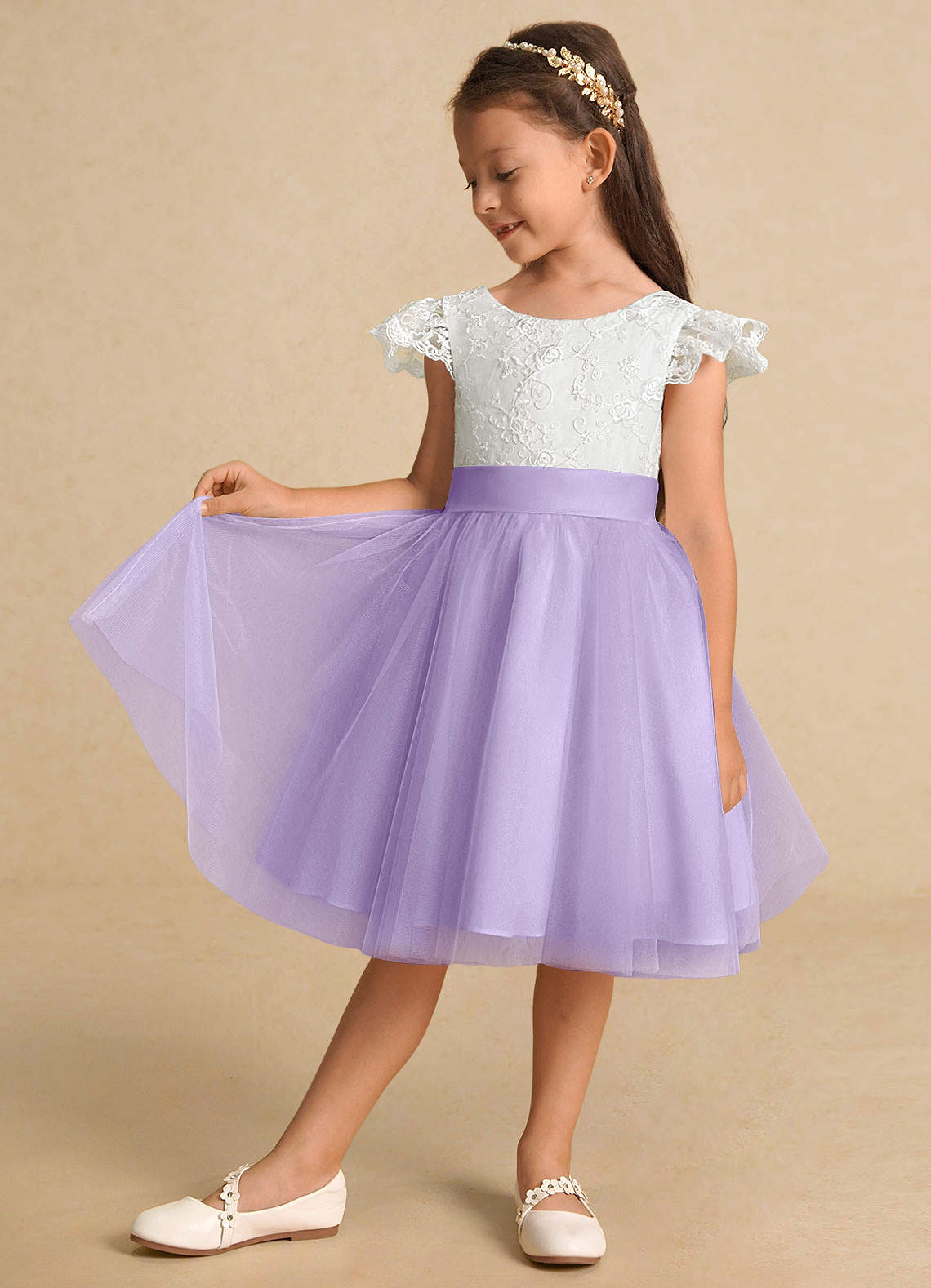 Azazie A-Line/Princess Scoop Neck Knee-Length Lace Flower Girl Dresses - Ivory/Lilac
