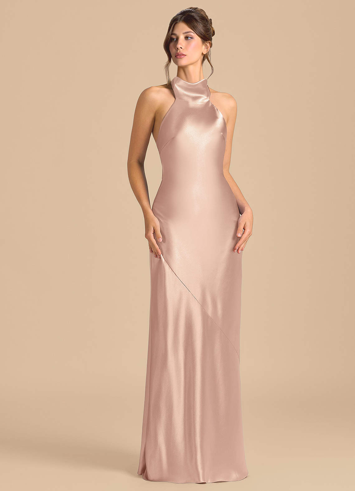 Azazie Velli Robes de demoiselle d'honneur Robe Fourreau en Satiné métallisé Col Haut Rose Perle image1