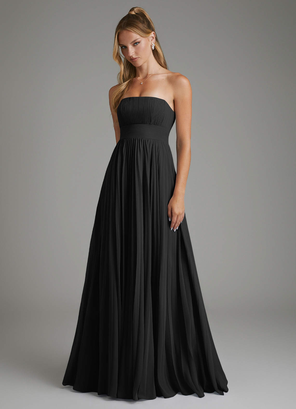 black strapless chiffon bridesmaid dress Azazie A-Line Floor-Length Dresses Women's Unique Edgy Modern collection_womens_shop_all supportive fit Fabric:Satin - Crystal Beaded