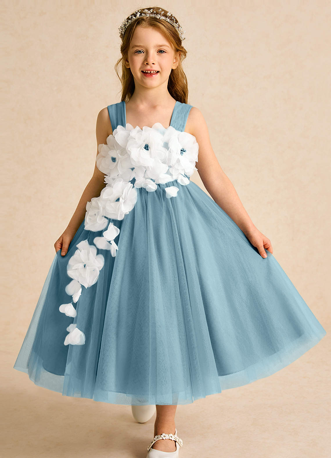 Azazie Dovey Flower Girl Dresses Moody Blue Ball-Gown Bow Tulle Dress image1