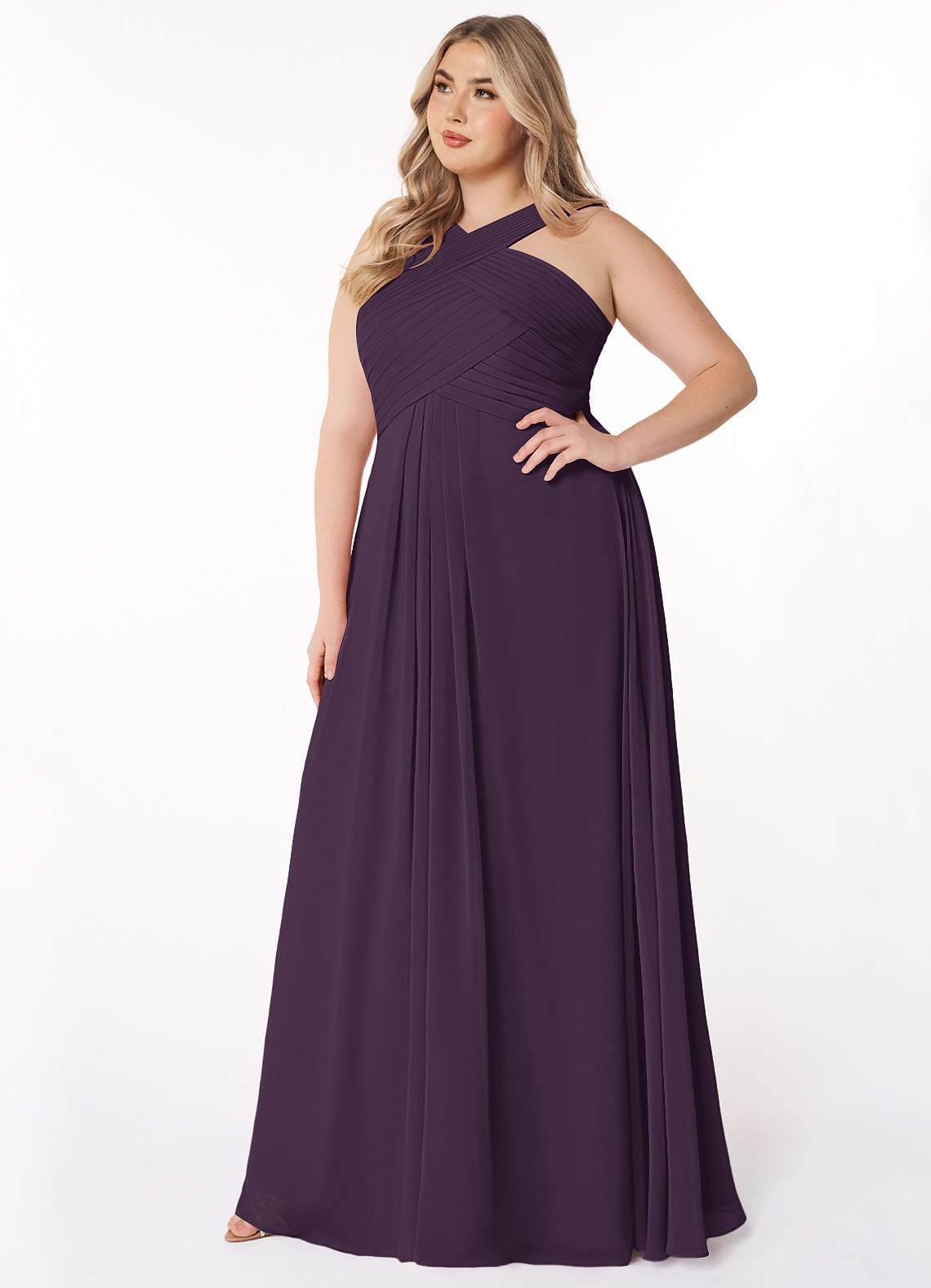 Azazie Plus Size A-Line Halter Neck Floor-Length Chiffon Bridesmaid Dresses - Plum Azazie Plus Size A-Line Halter Neck Floor-Length Chiffon Bridesmaid Dresses - Plum