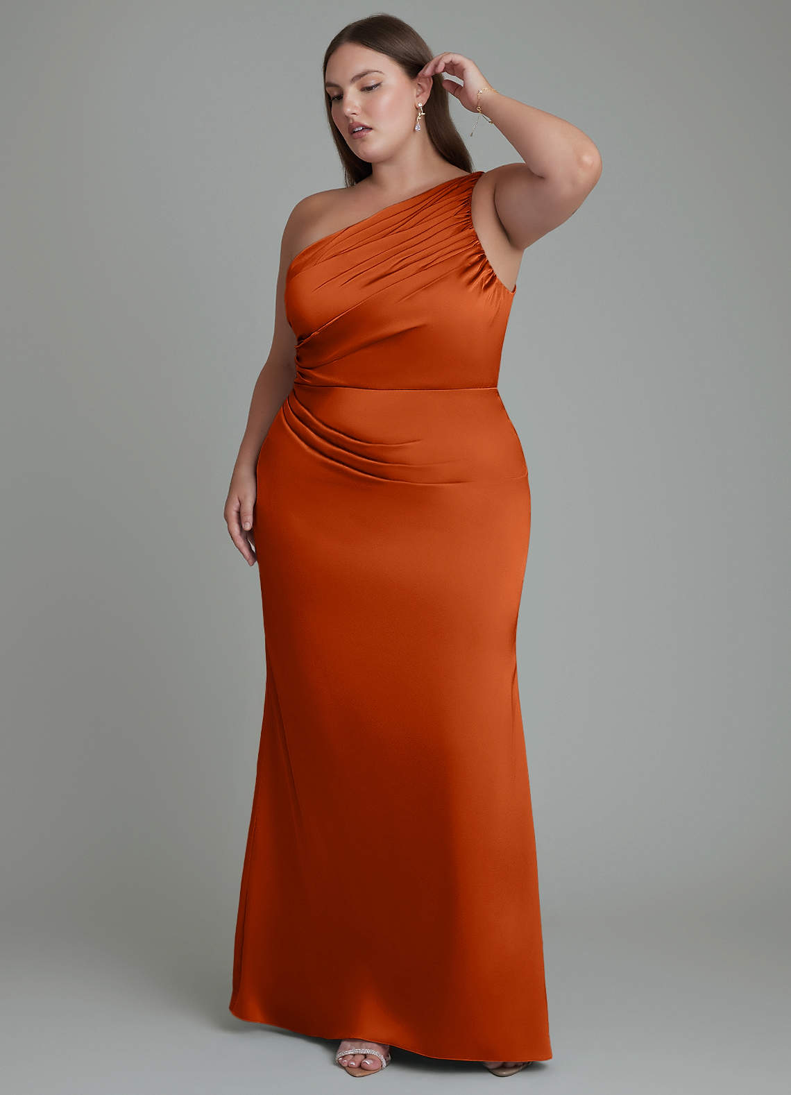 Azazie Akilah Bridesmaid Dresses Burnt Orange Mermaid One Shoulder Stretch Satin Dress image9