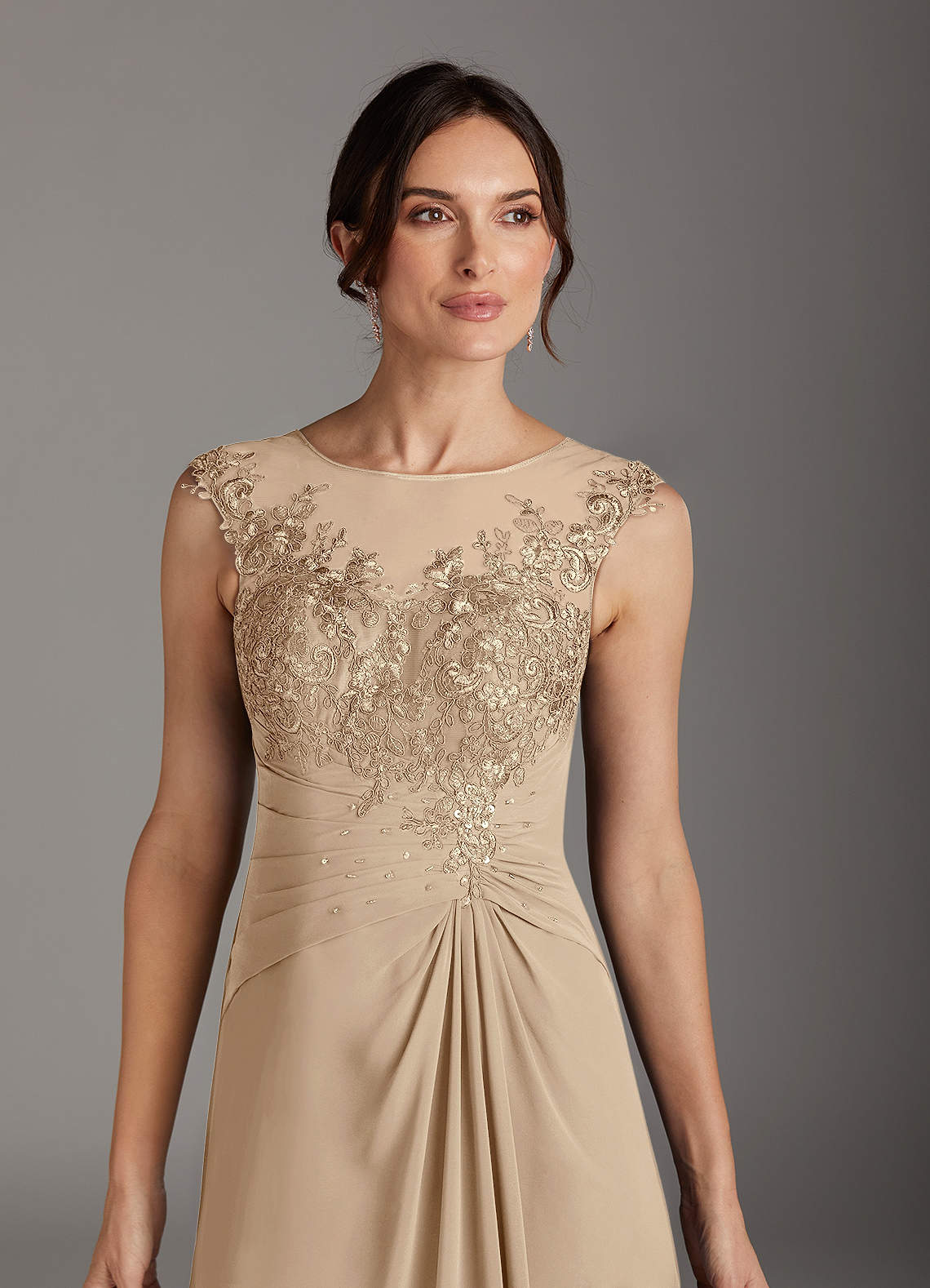 Azazie Endora Champagne A-Line Scoop Lace Chiffon Dress Ready to