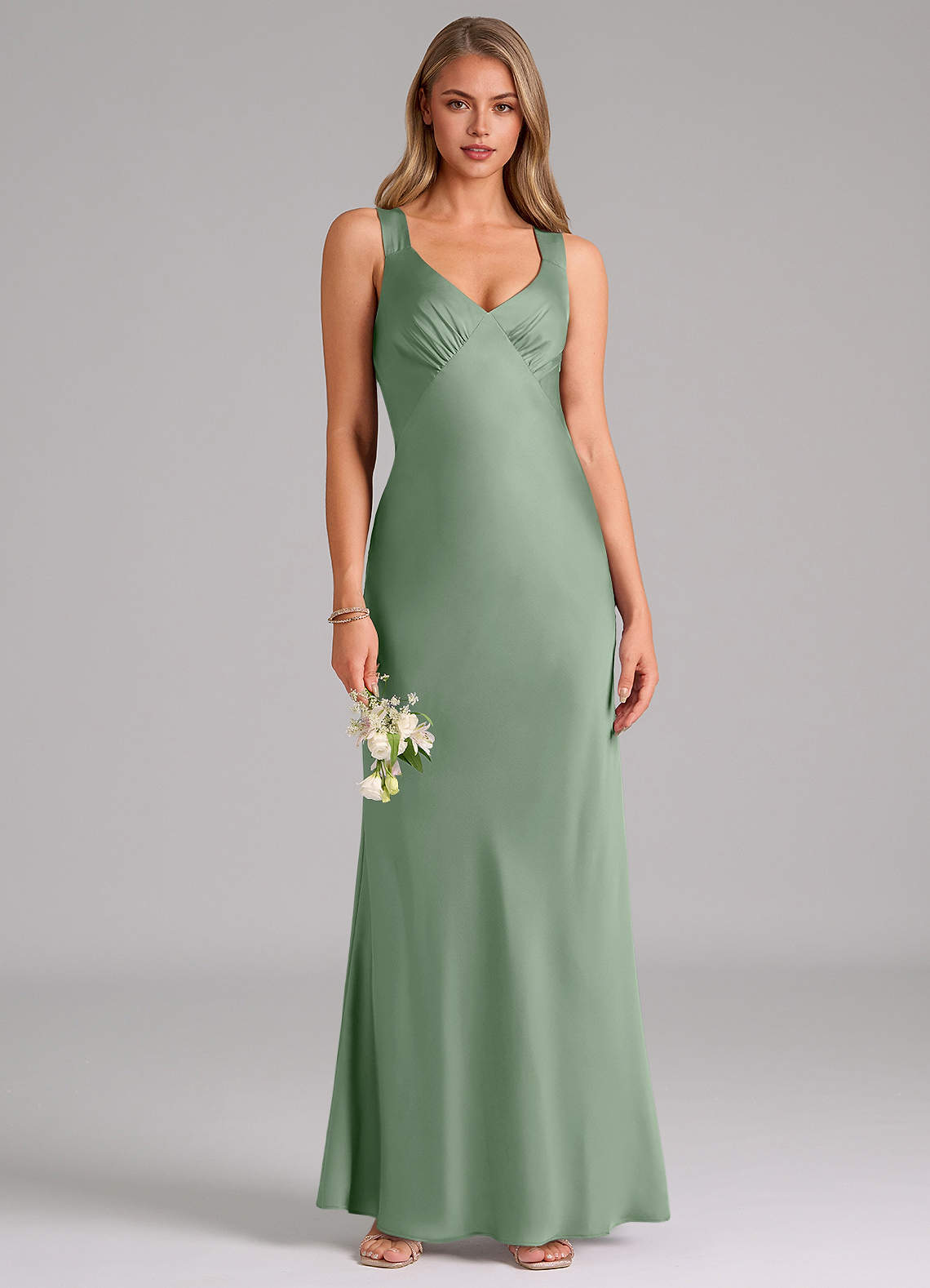 Azazie Kamila Brautjungfernkleider A-Linie Plissee Stretch-Satin Kleid Matcha image1