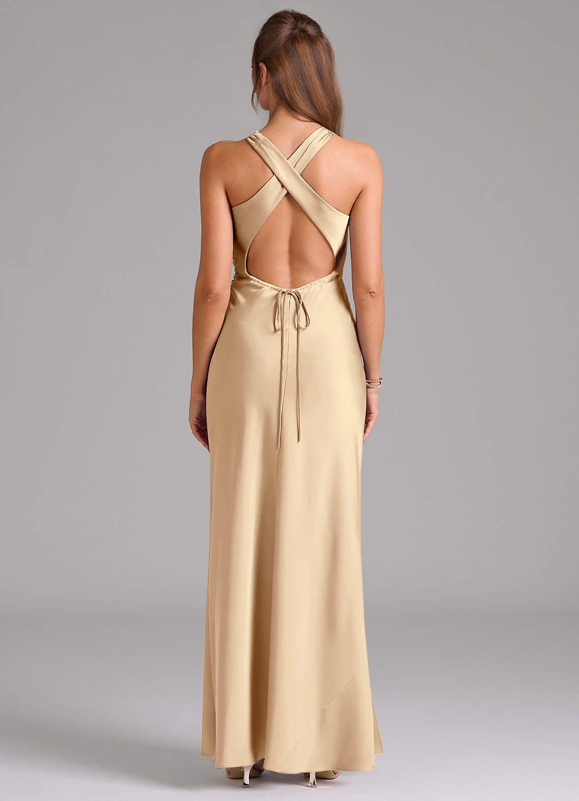 Azazie Sheath Scoop Neck Floor-Length Stretch Satin Bridesmaid Dresses - Champagne