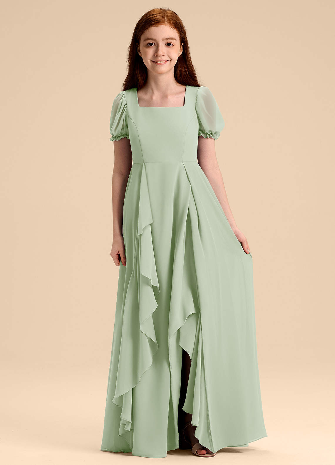 Azazie Priya Junior Abito A-Line in Chiffon Blusa Verde Salvia image1