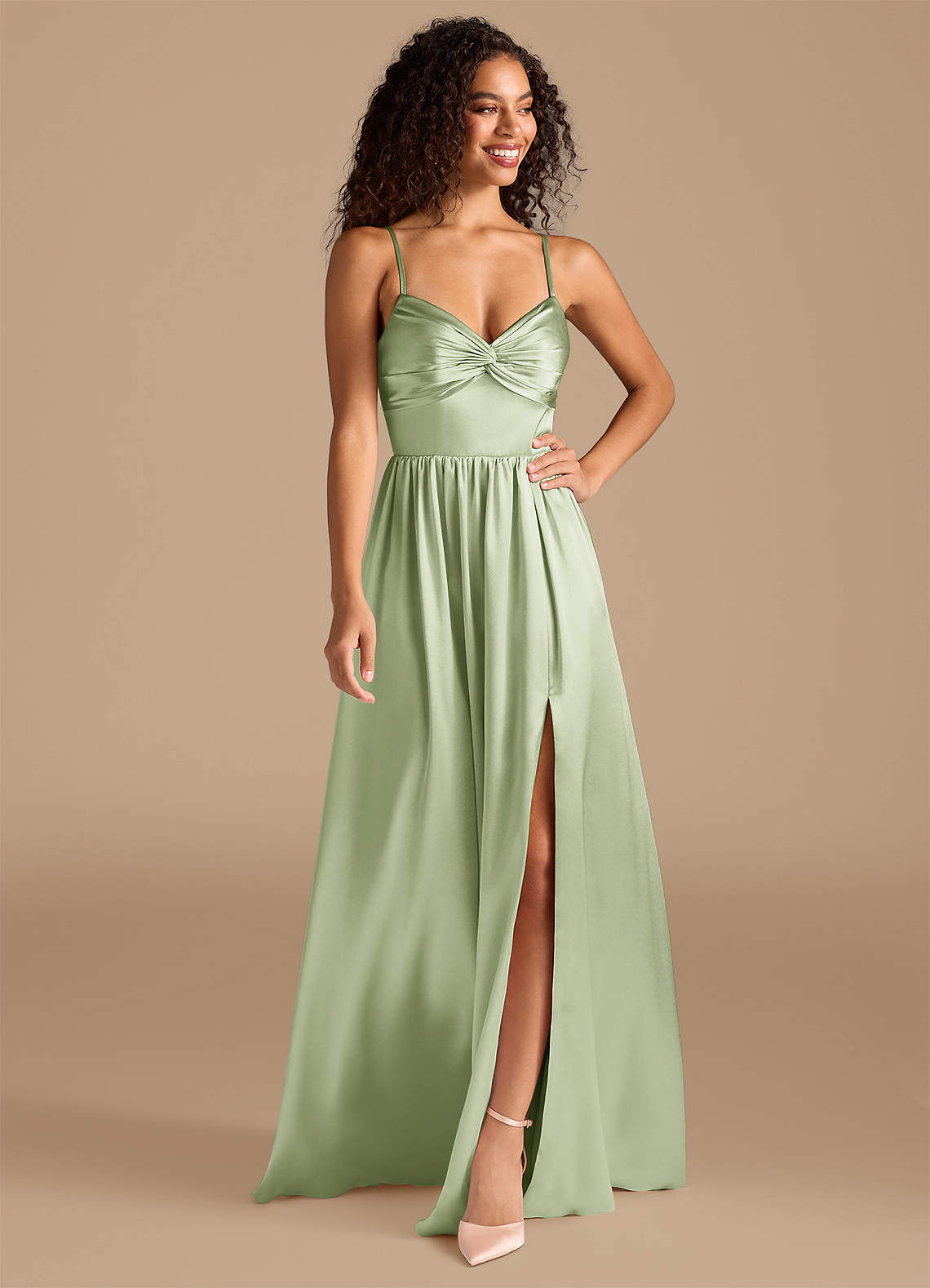 Azazie Zeya Bridesmaid Dresses Dusty Sage A-Line Pleated Metallic Satin Dress image1