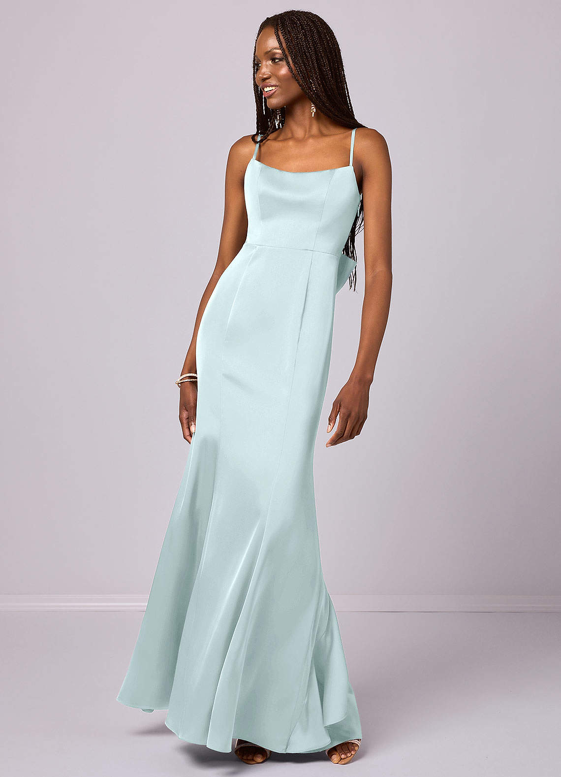 Barbie ♥ Azazie Final Sale Agave Mermaid Bow Stretch Satin Dress image1