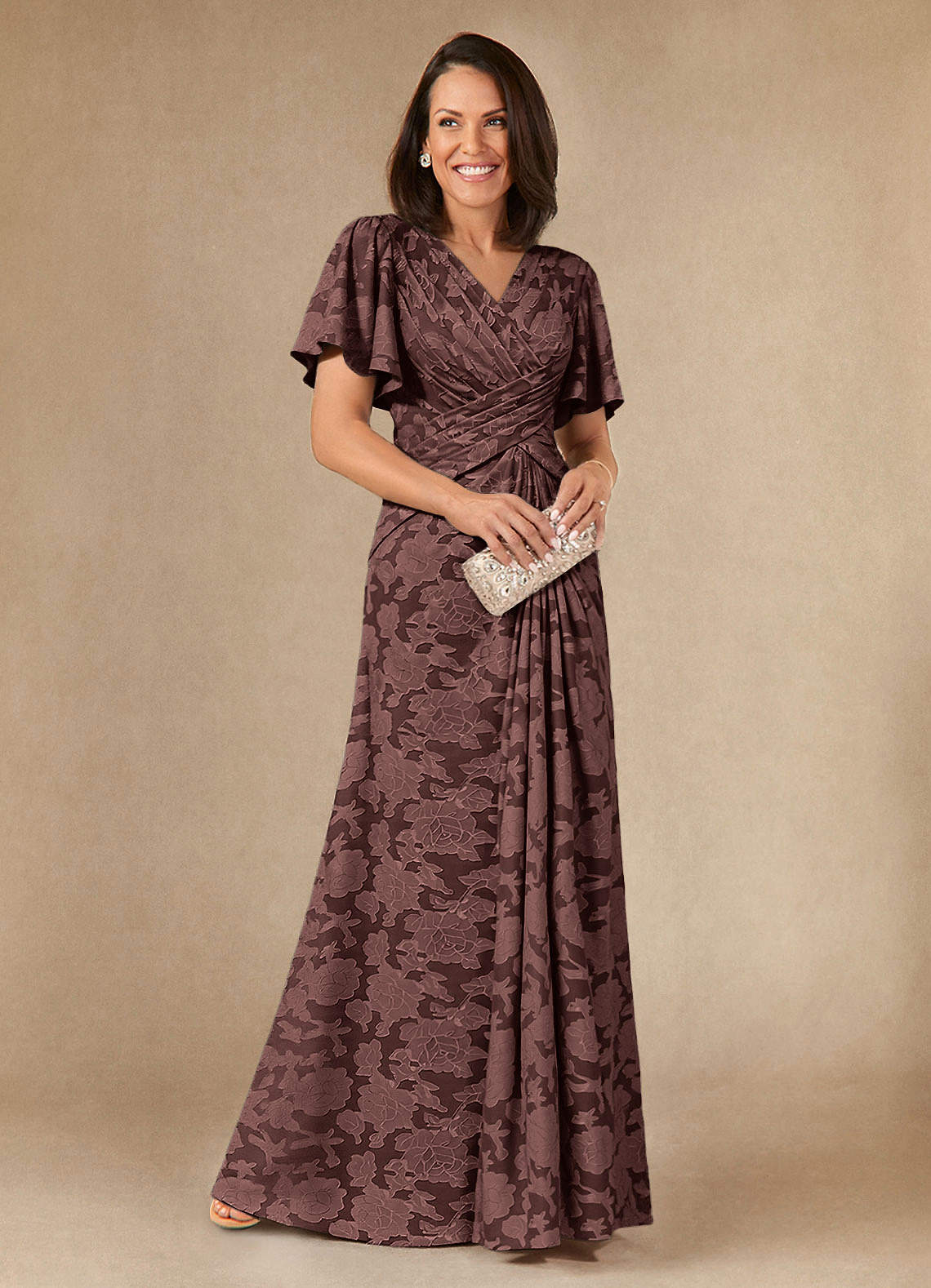Azazie Emmeline Mother of the Bride Dresses Espresso A-Line Pleated Floral Burnout Dress image1