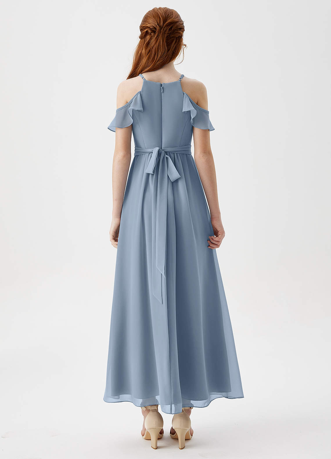 Azazie Chaya Junior Dusty Blue A-Line Off the Shoulder Chiffon Dress image1