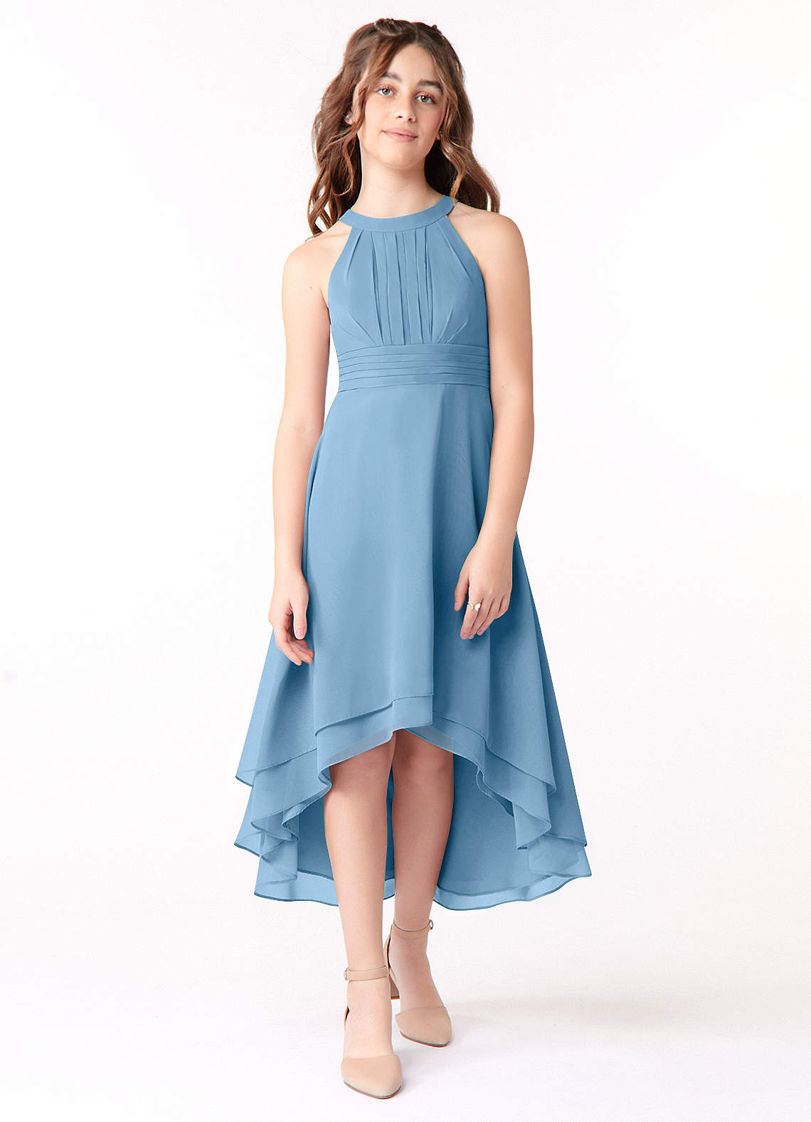 Azazie Linna Junior Vestido de Azul Acero de Gasa de Corte En A con Plisado image1