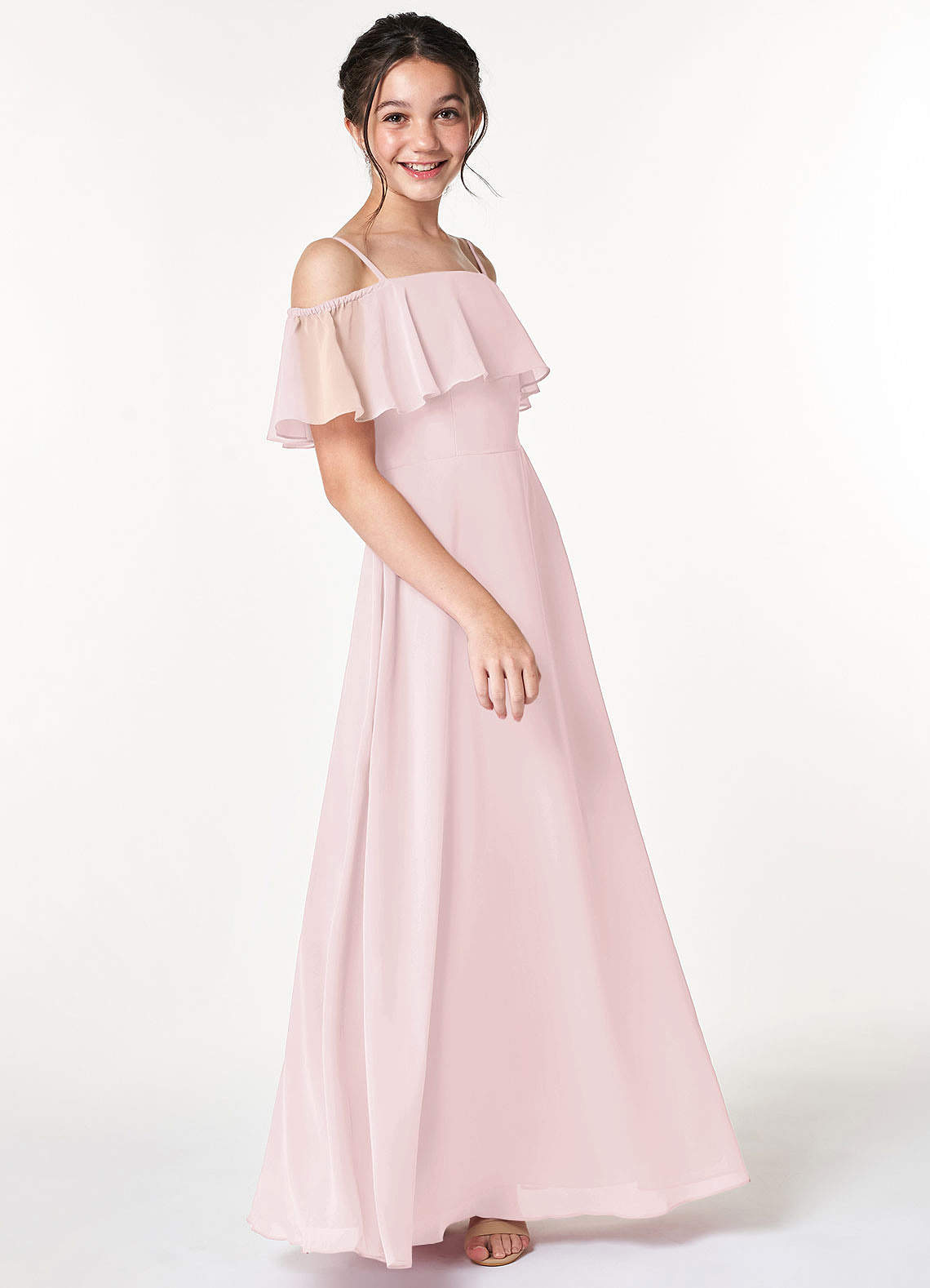 Azazie Maggie Junior Blushing Pink A-Line Off the Shoulder Chiffon Dress image3