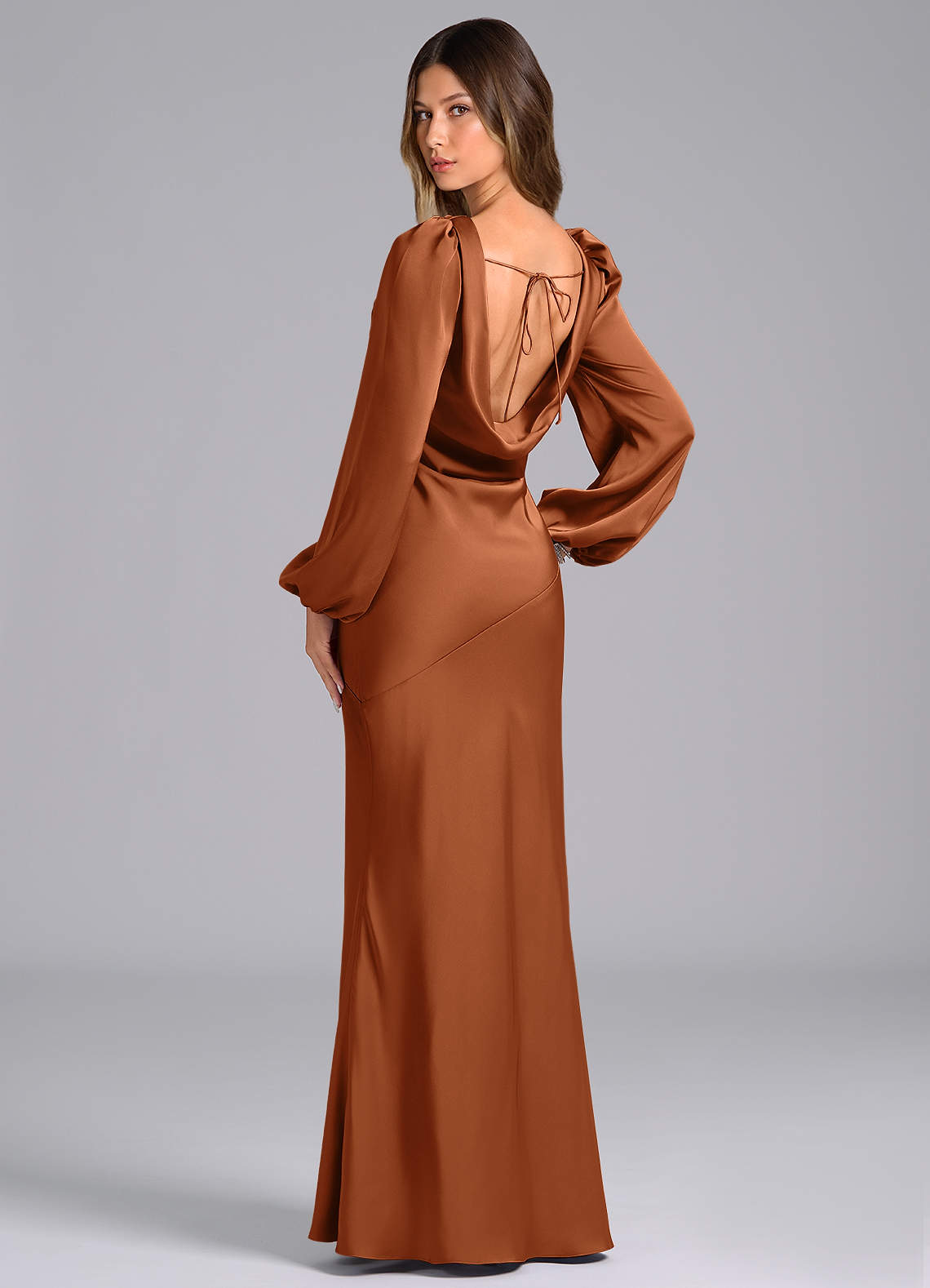 Azazie Melani Ready to Ship Copper Stretch Satin Bridesmaid Dresses | Azazie