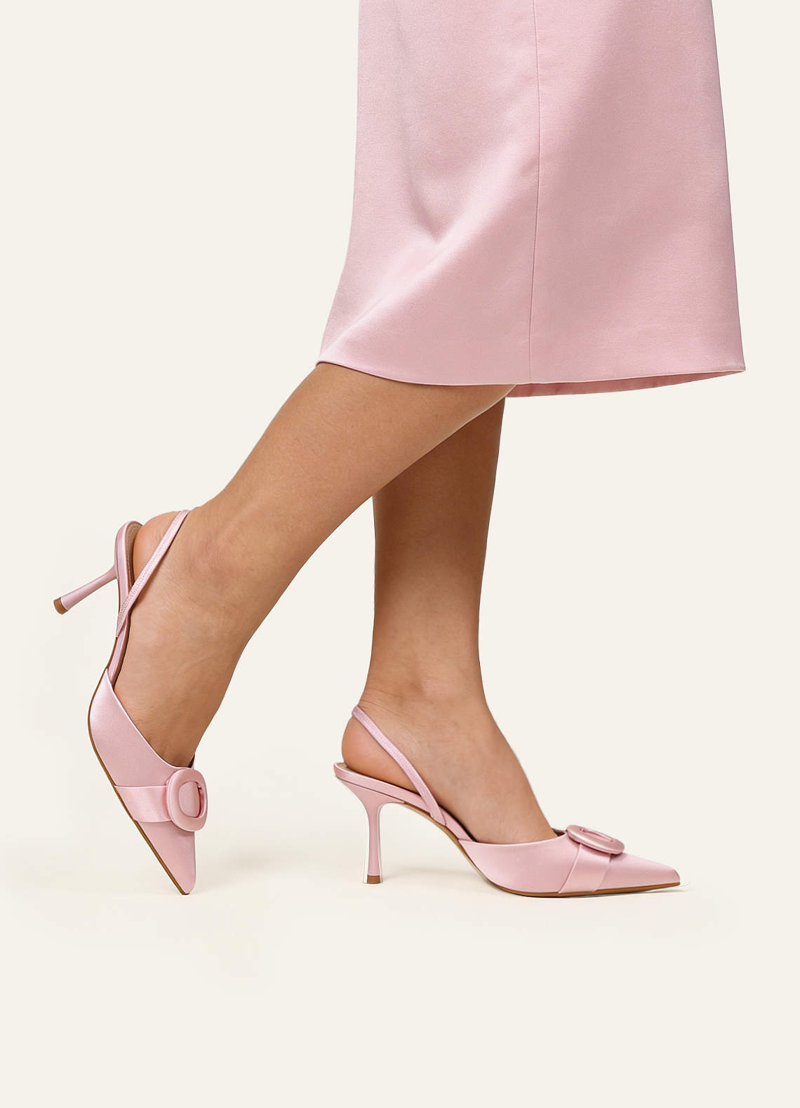 front Satin Buckle Slingback Stiletto Pumps