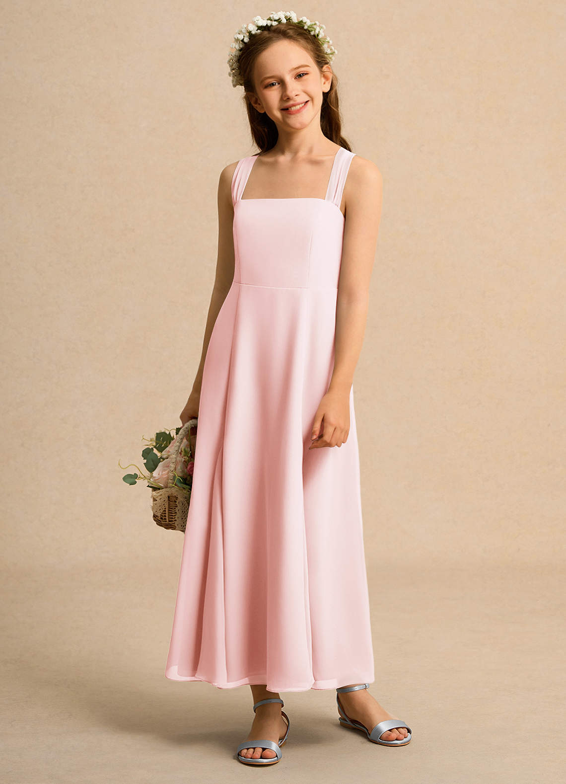 Azazie Tater Girl Robe Demoiselle D'honneur Fillette Robe Trapèze en Mousseline de soie Plissée Rose Pâle image1