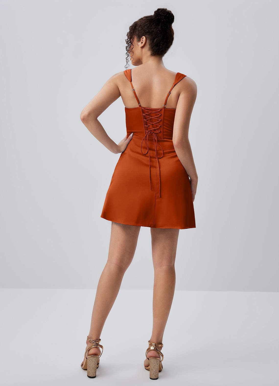 Azazie Rust A-Line Short Homecoming Dresses Lace Up Satin Faced Chiffon Square
