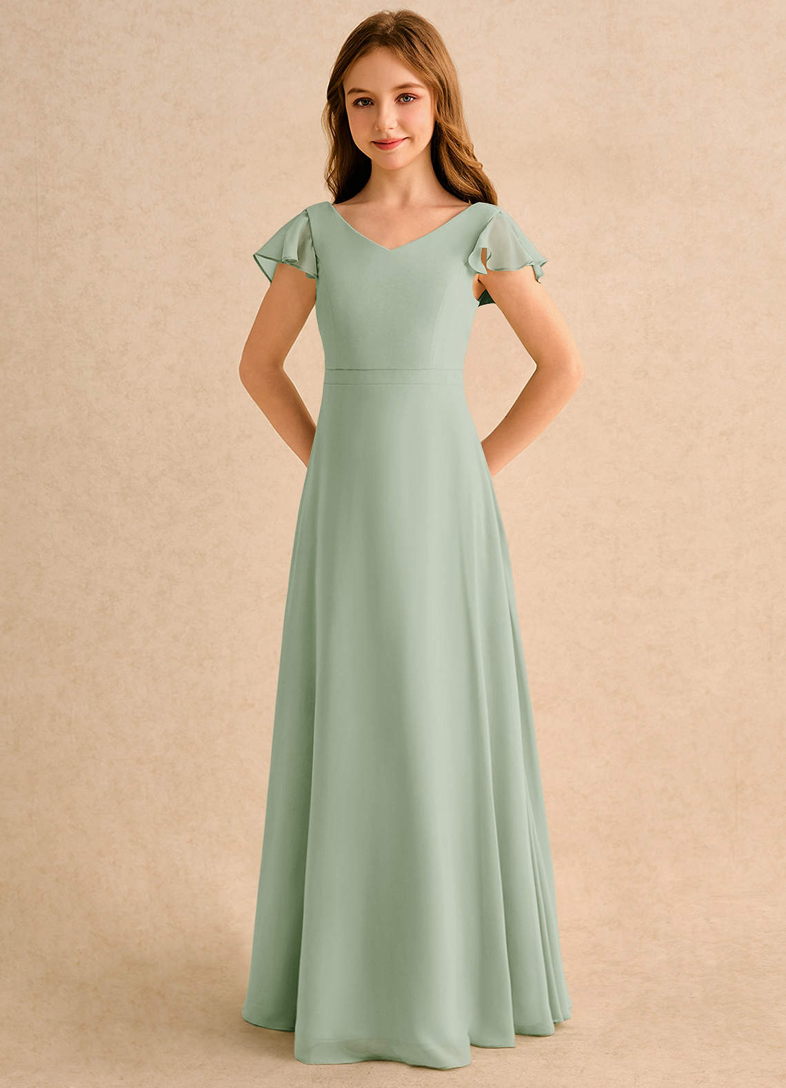 Azazie Nari Girls Formal Vestidos de florista Vestido Dusty Sage de Chiffon de Linha A com com Mangas image5