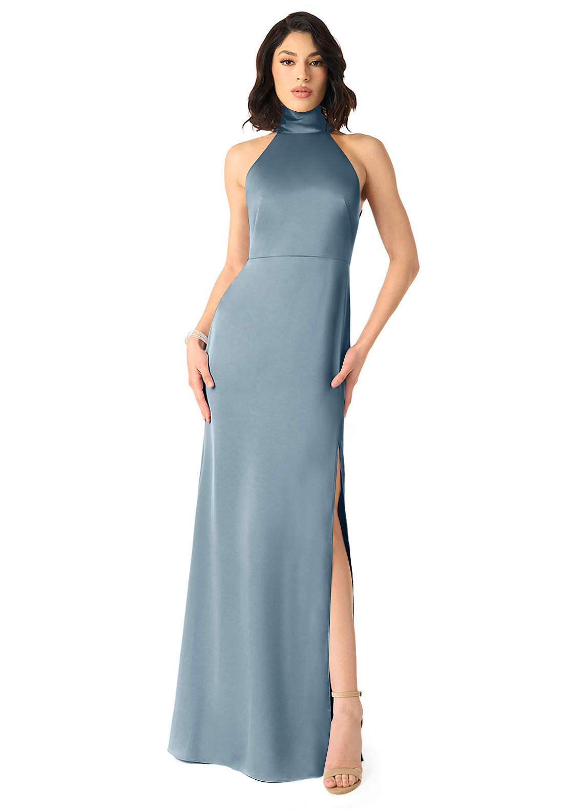 Azazie x Delaney Bridesmaid Dresses Dusty Blue Sheath High Neck Stretch Satin Dress image1