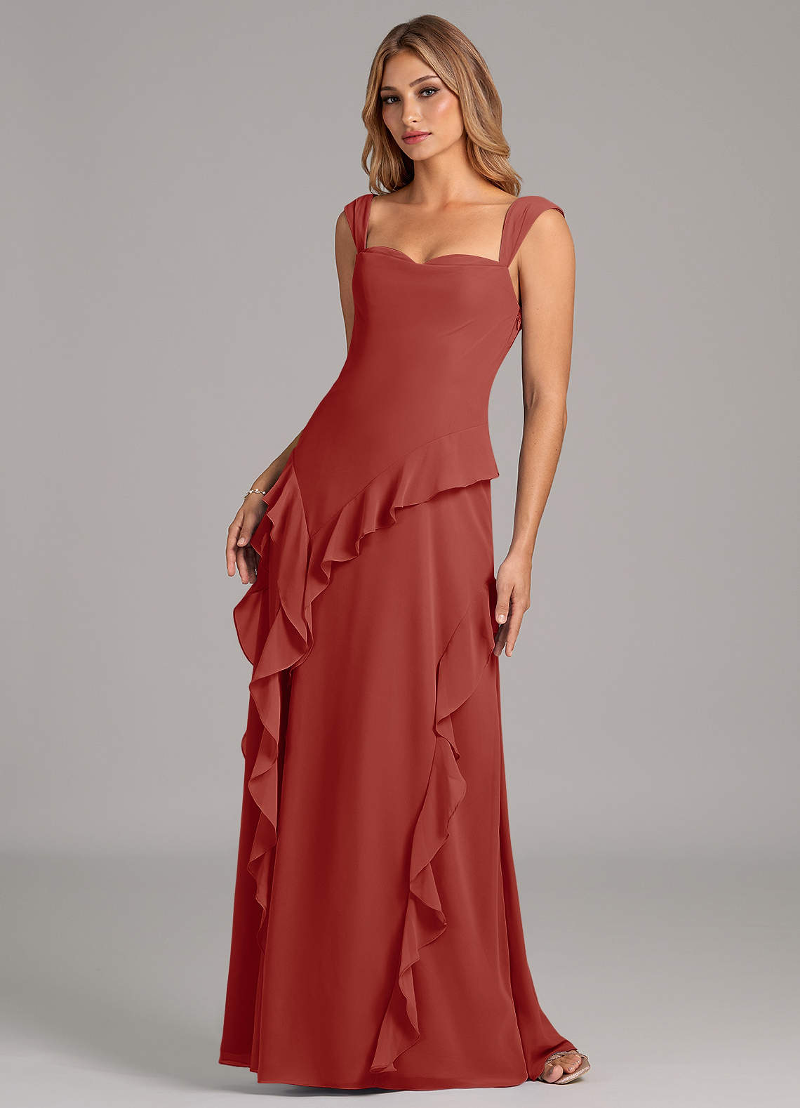 Azazie Sloane At-home Try On Dresses Terracotta A-Line Sweetheart Neckline Chiffon Dress image5