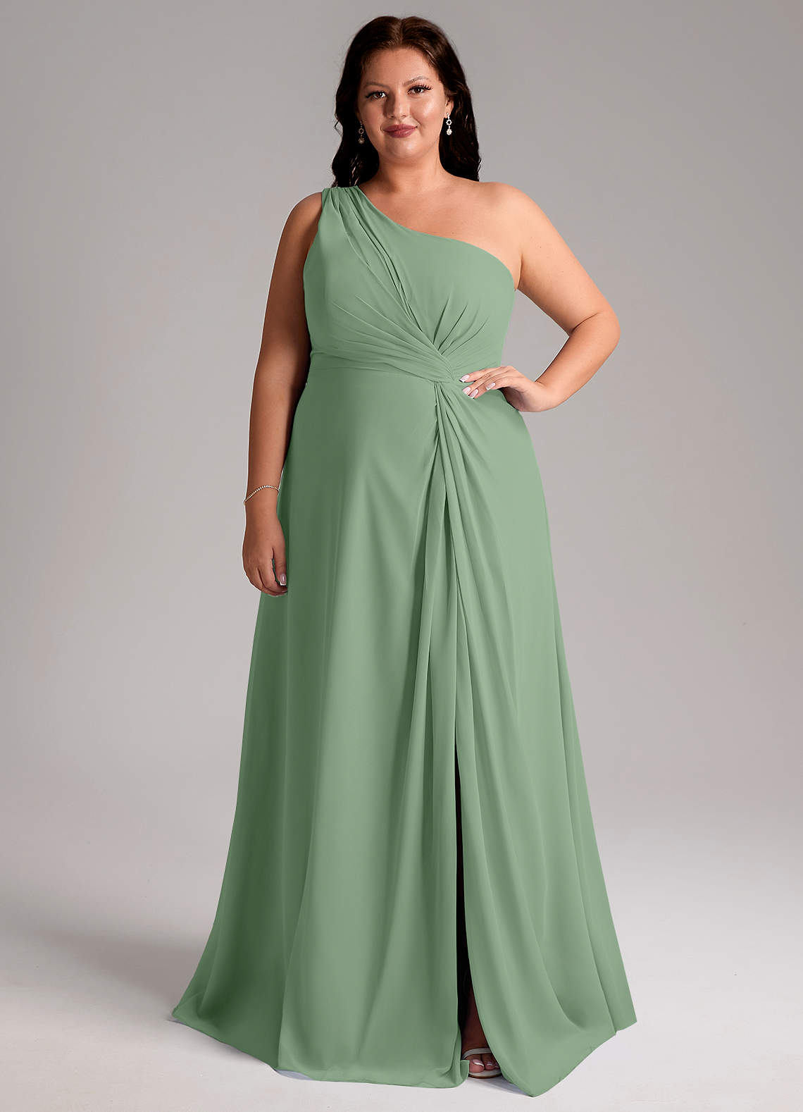 Azazie Brooke Bridesmaid Dresses Matcha A-Line One Shoulder Chiffon Dress image1