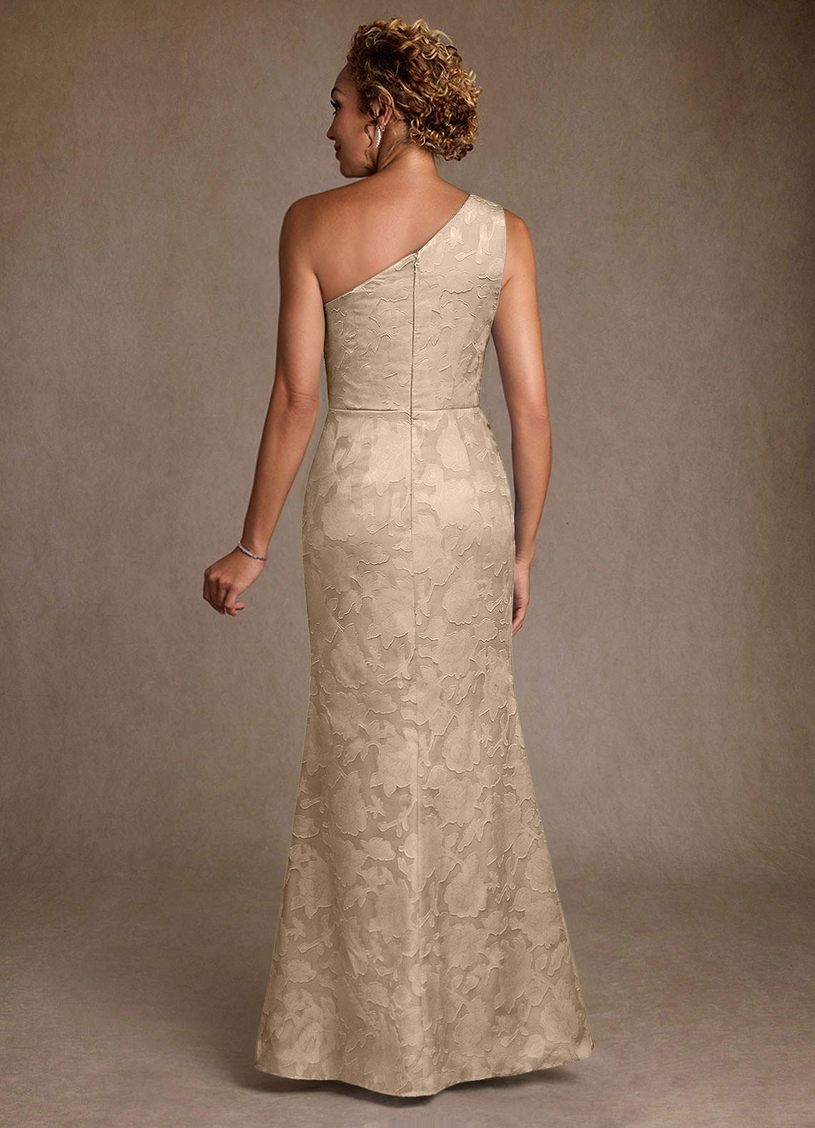 Azazie Joylin Mother of the Bride Dresses Champagne Trumpet One Shoulder Floral Burnout Dress image1