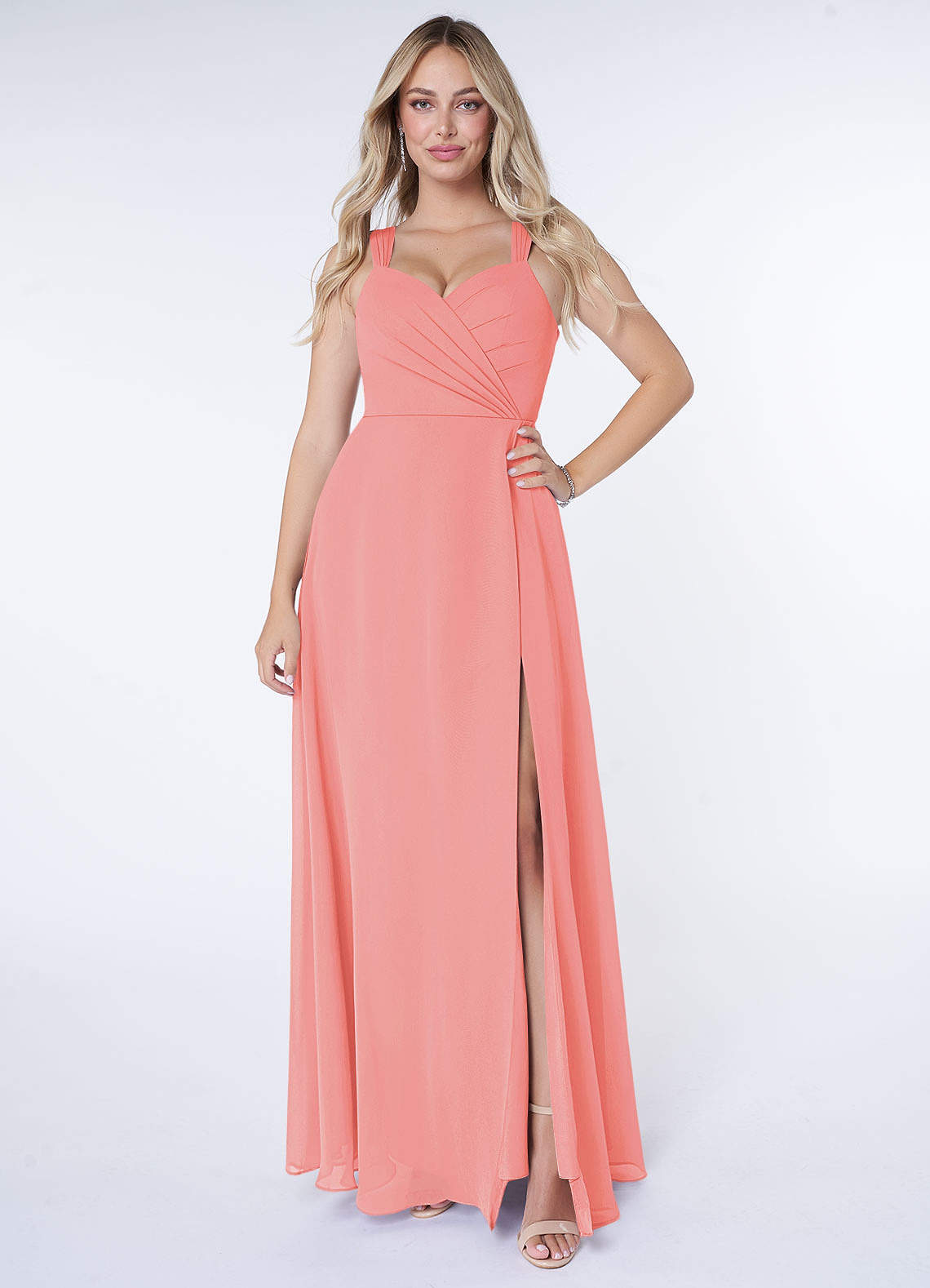 Azazie Nahrin Brudtärnklänningar Klänning av A-Line i Chiffong V-ringad plisserad Korall image1