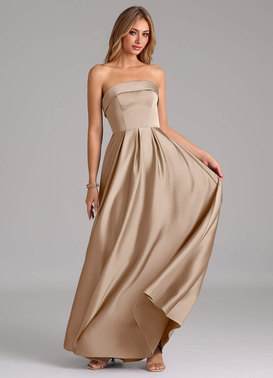 Azazie Lucienne Taupe Stretch Satin Bridesmaid Dresses | Azazie