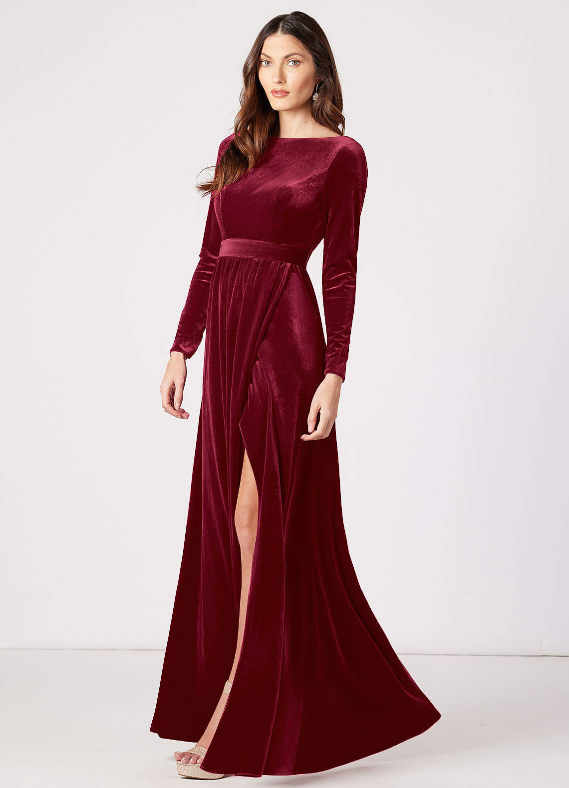 Azazie Brynn Bridesmaid Dresses A-Line Long Sleeve Velvet Floor-Length Dress image1