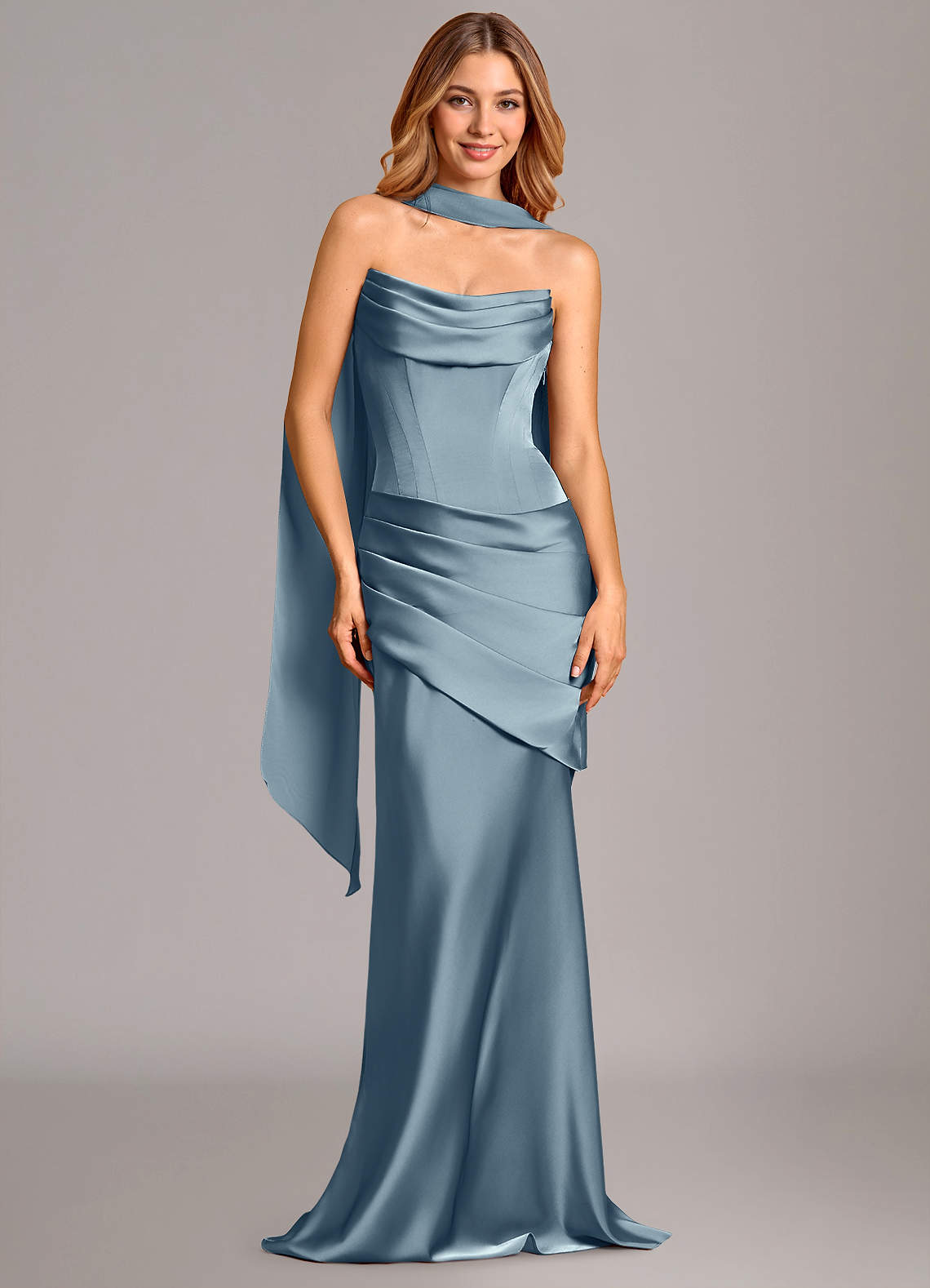 Azazie Pelagia Bridesmaid Dresses Dusty Blue Mermaid Corset Stretch Satin Convertible Dress image1