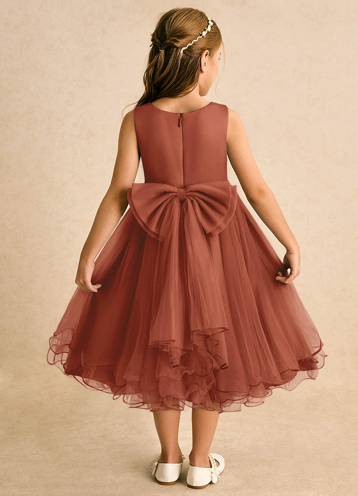 Azazie Lass Flower Girl Dresses Auburn A-Line Bow Tulle Dress image1