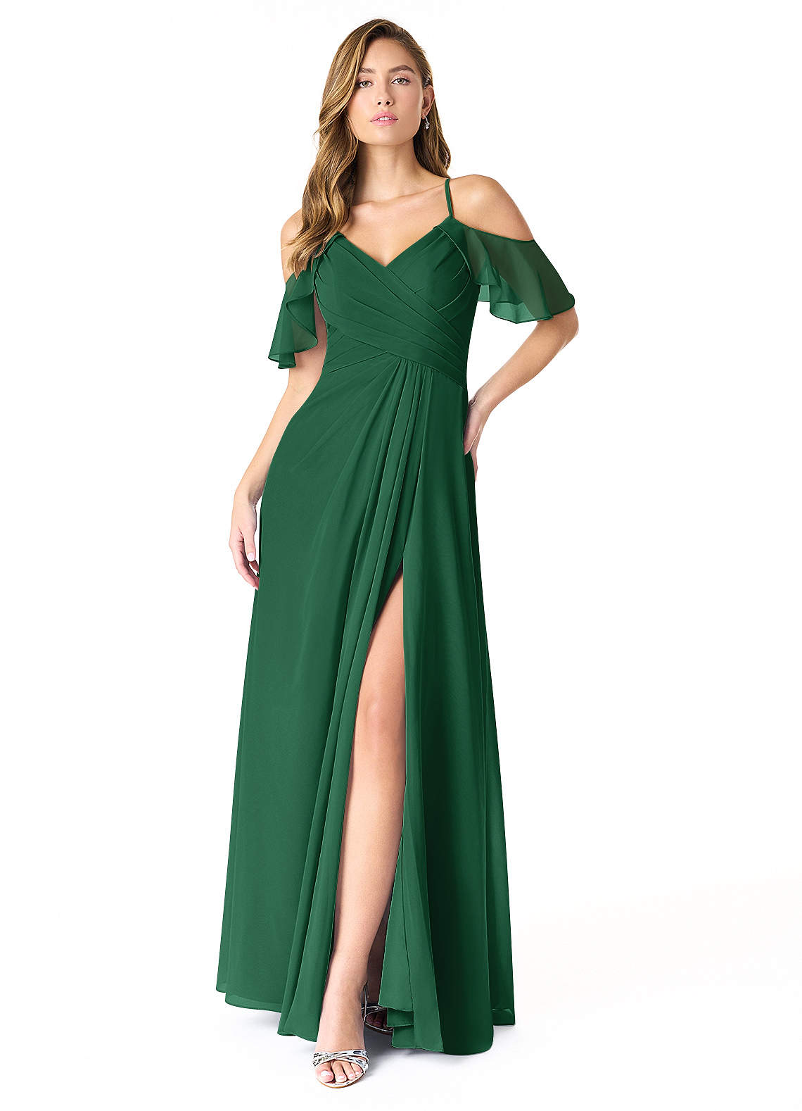Azazie Dakota Bridesmaid Dresses Dark Green A-Line V-Neck Pleated Chiffon Dress image1