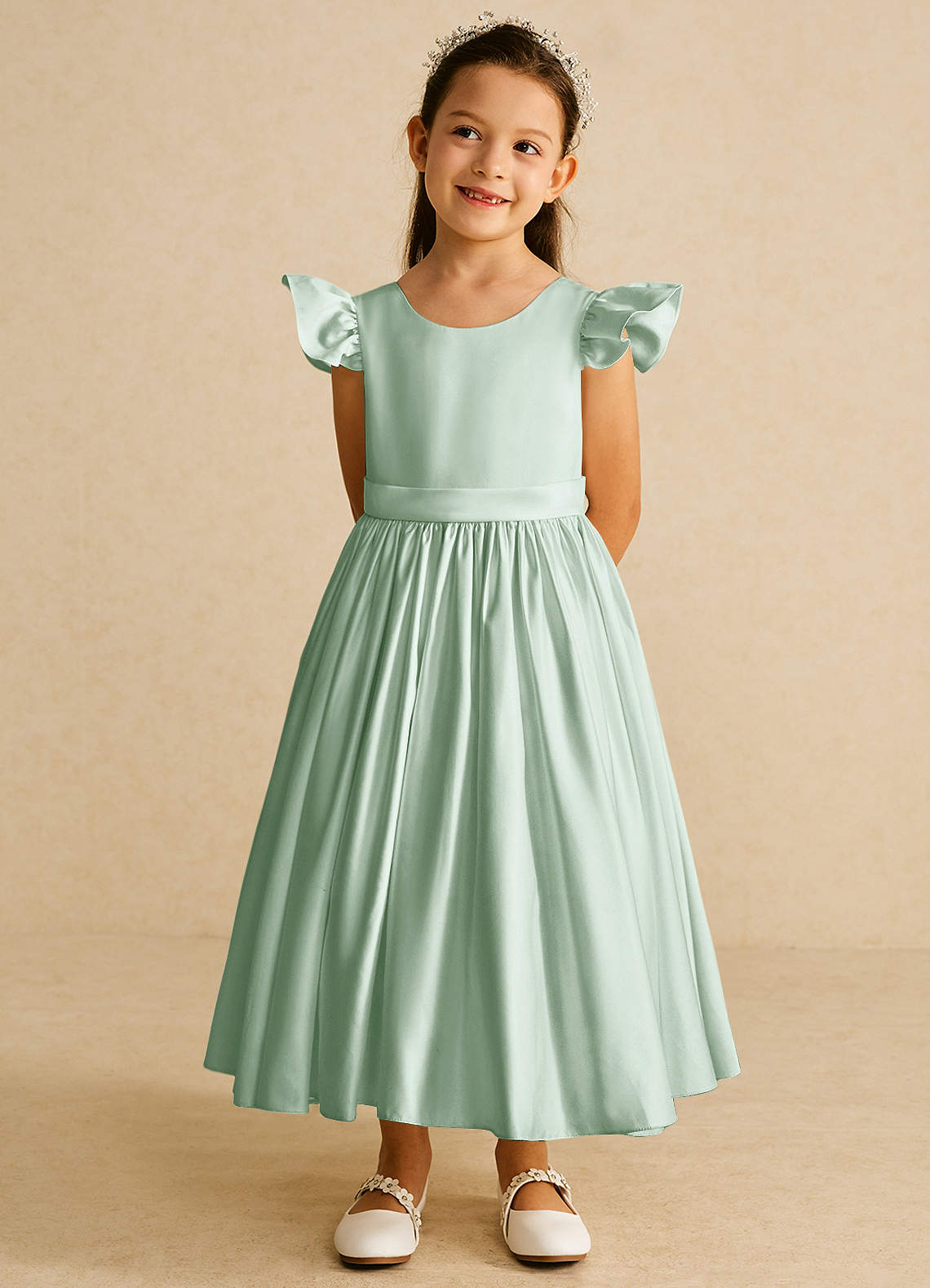 Azazie Violeta Flower Girl Dresses Agave Ball-Gown Bow Matte Satin Dress image5