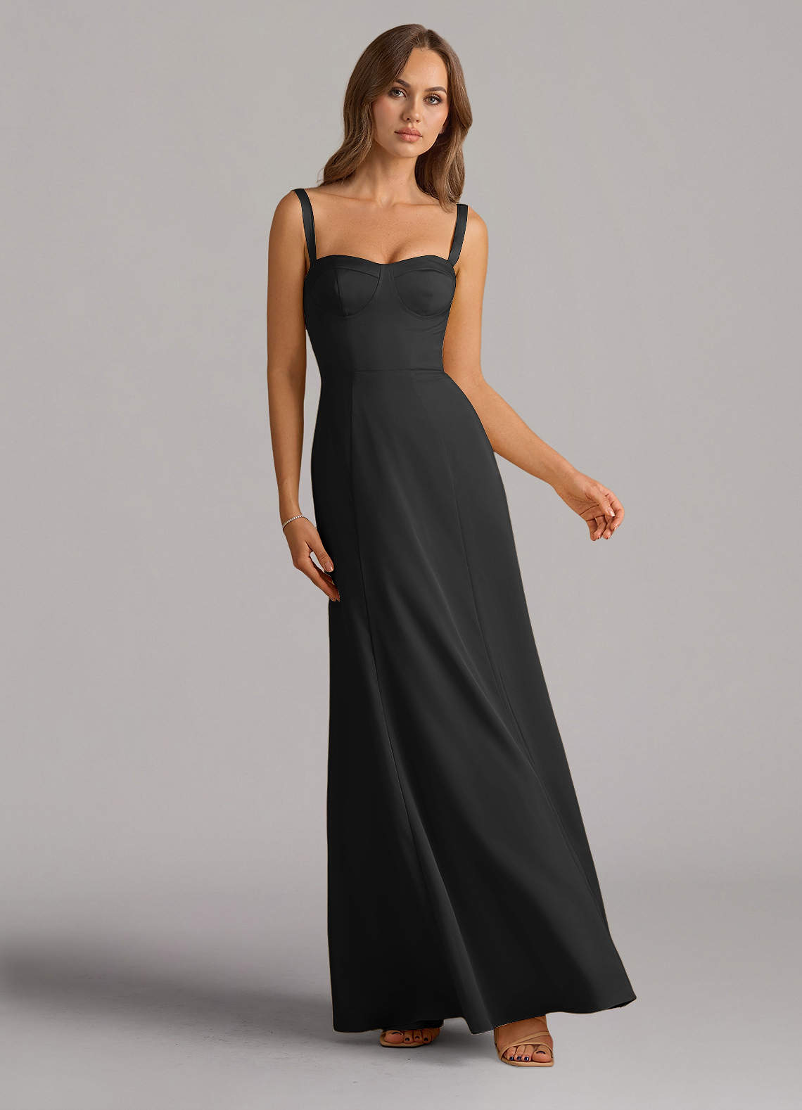 Azazie Amaris Vestidos de damas de honor Vestido de Negro de Satén Elástico de Corte en A con Corsé image1