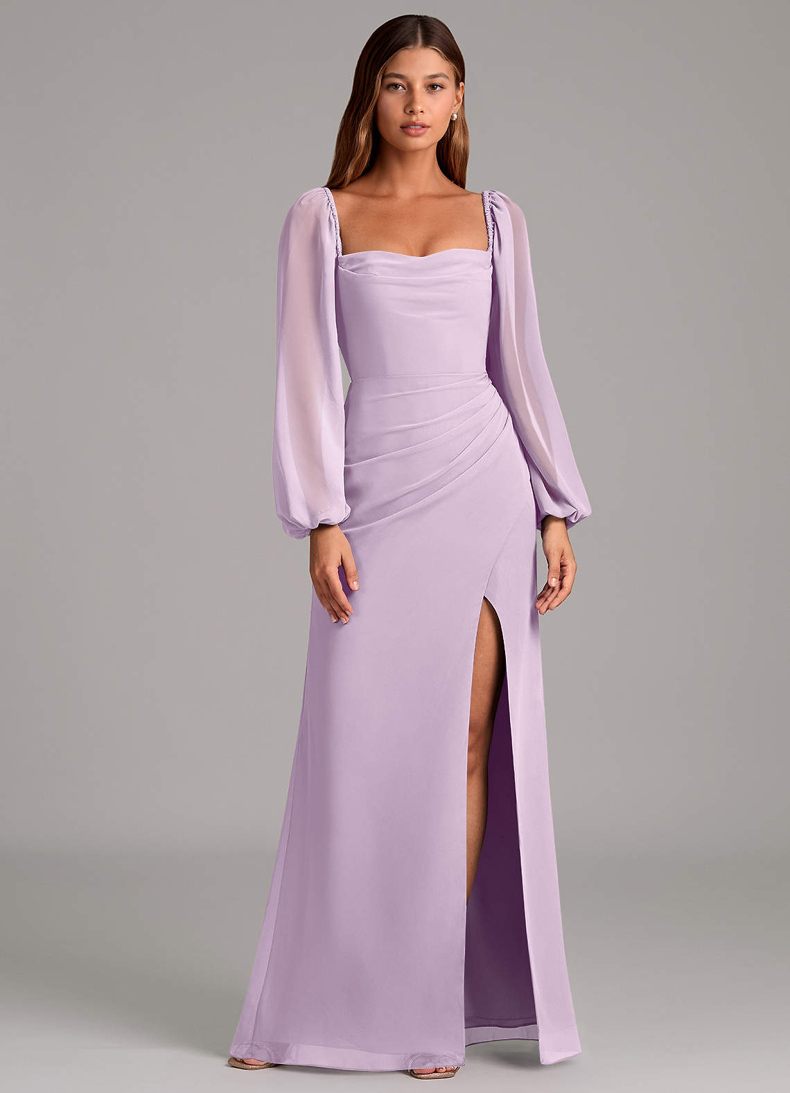 Azazie Brixley Bridesmaid Dresses Frosted Lilac Mermaid Long Sleeve Chiffon Dress image1