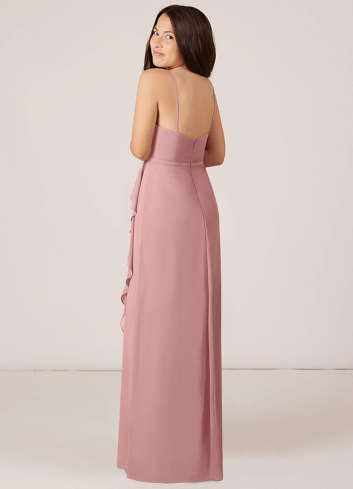 Azazie Kaylee Junior Dusty Rose A-Line with Belt Chiffon Dress image4