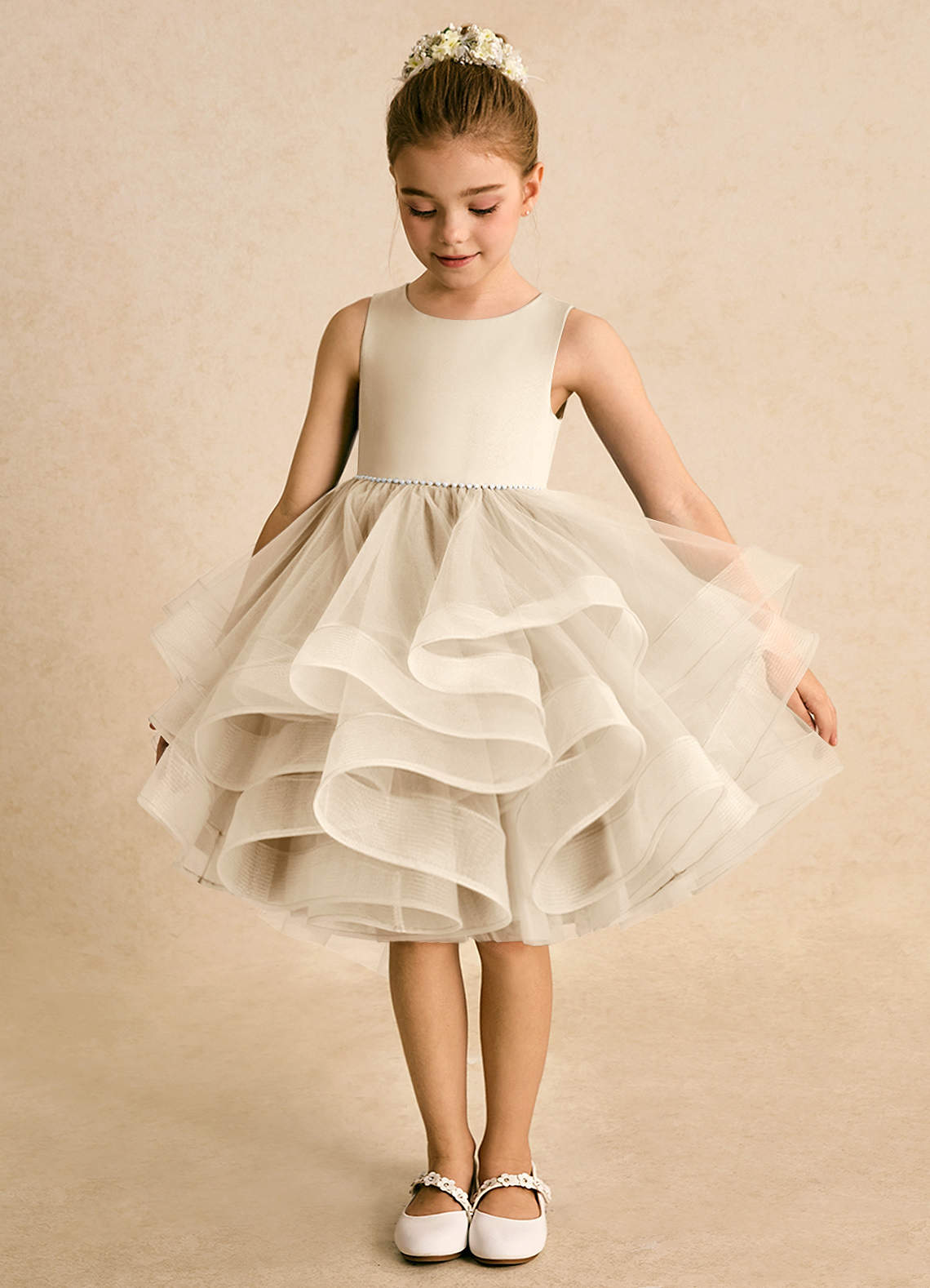 Azazie Tinie Flower Girl Dresses Champagne Ball-Gown Bow Tulle Dress image4