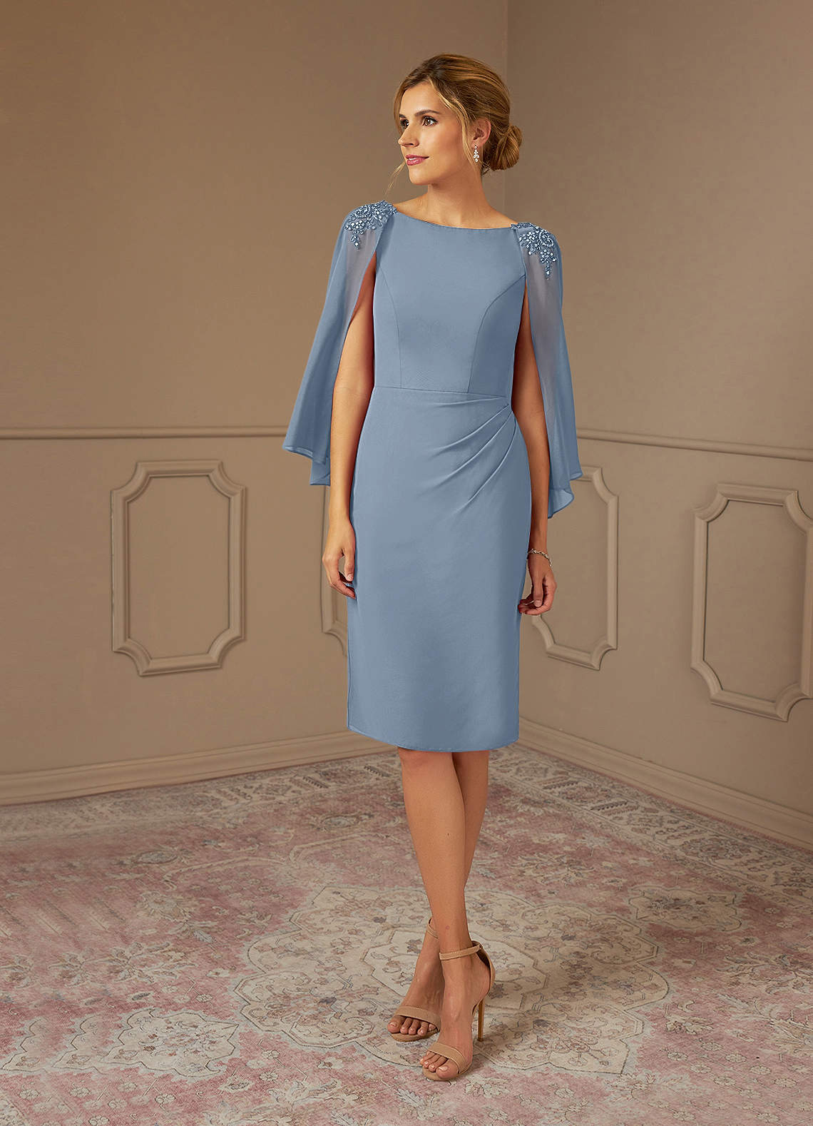 Azazie Carmela Mother of the Bride Dresses Dusty Blue Sheath Lace Chiffon Dress image1