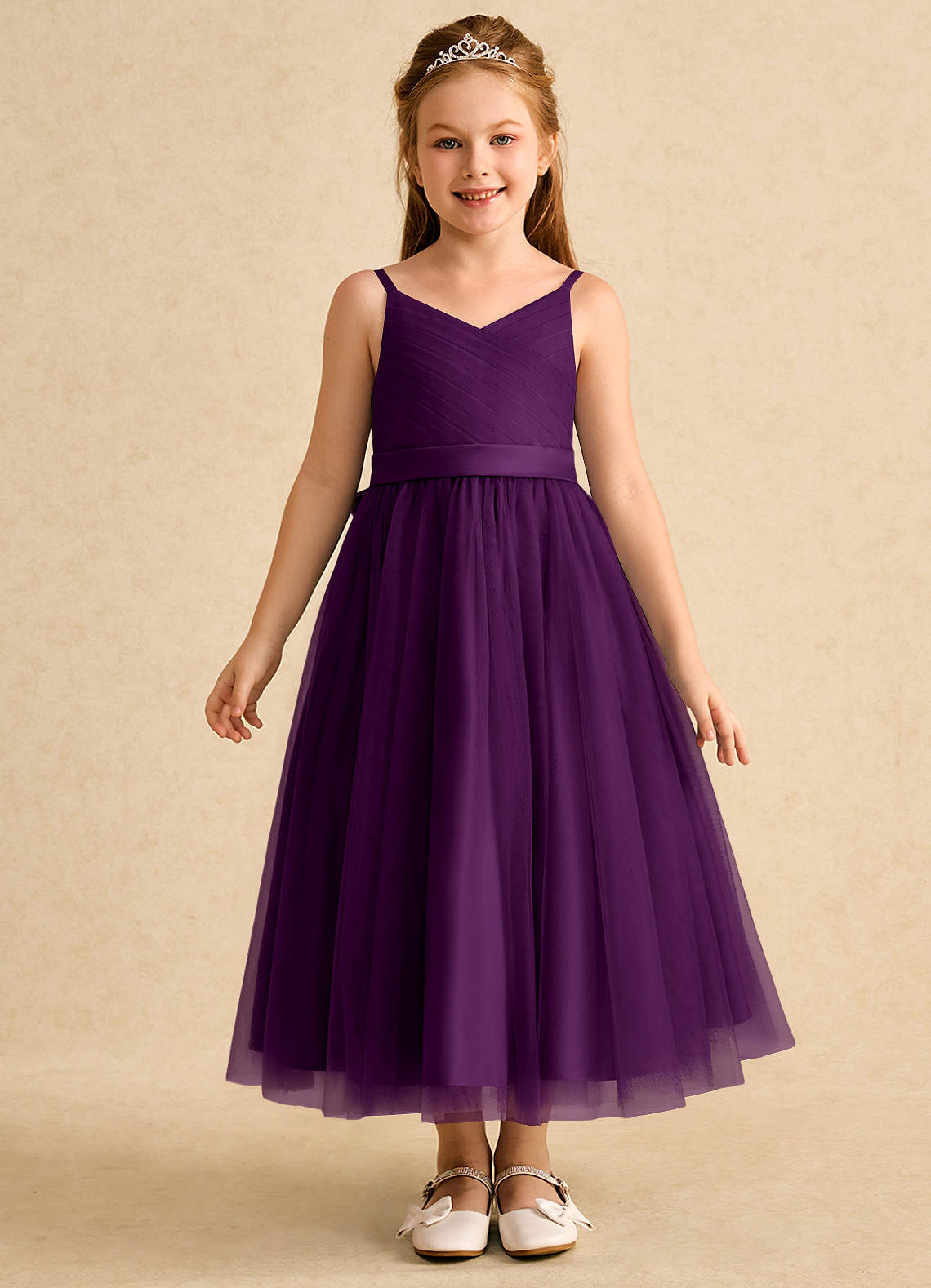 Azazie Patootie vestidos de niña de las flores Vestido de Uva de Tul de Corte En A con Tirante Espagueti image1