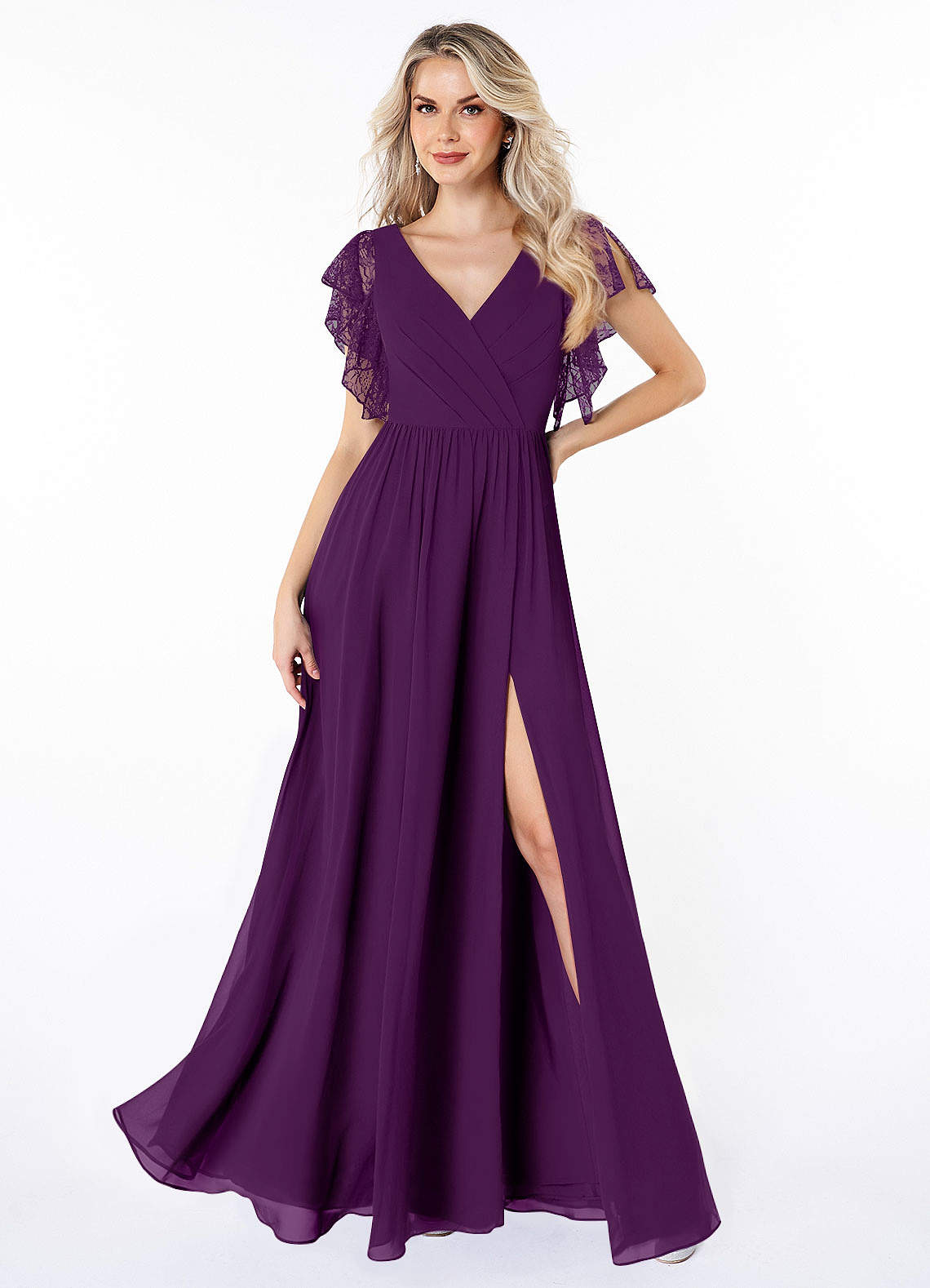 Azazie Zella Bridesmaid Dresses Grape A-Line Lace Chiffon Dress image1