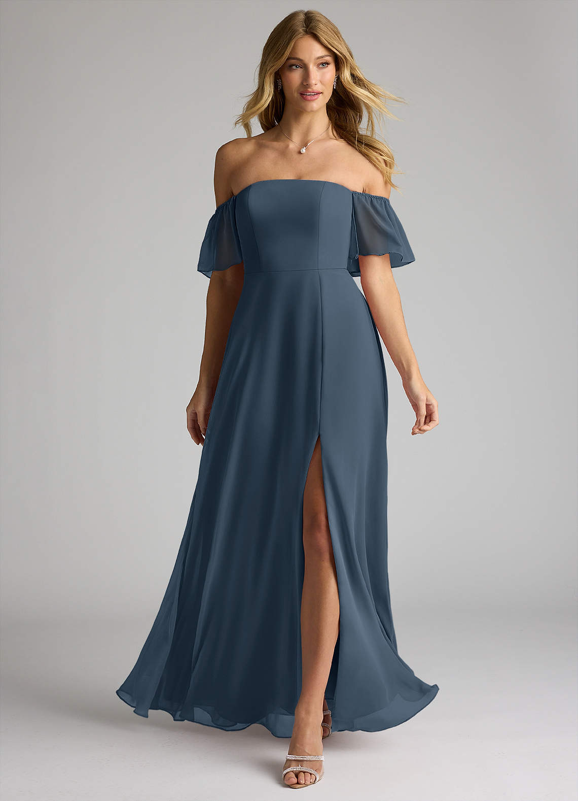 Azazie Sue Abiti da Damigella Abito Convertibile A-Line in Chiffon a Spalla Scoperta Blu Nettuno image1