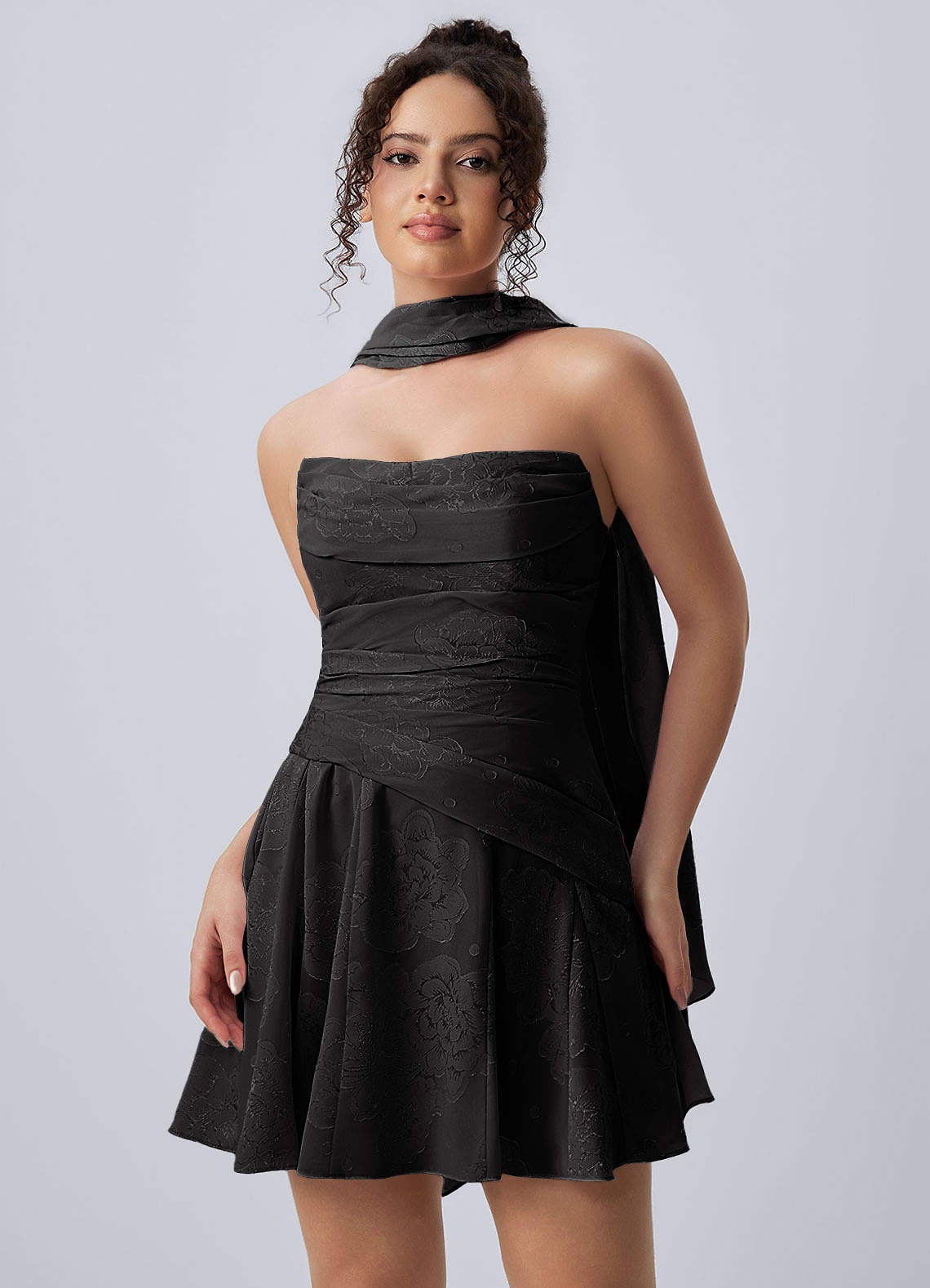 Iphigenie Black Strapless Jacquard Lace-Up Skater Mini Dress
