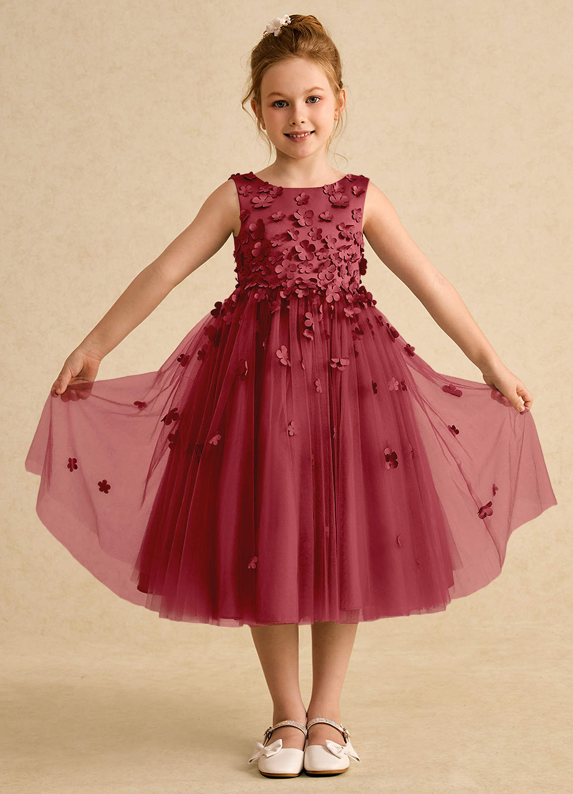 Azazie Lana Flower Girl Dresses Pomegranate A-Line Sleeveless Matte Satin Dress image1