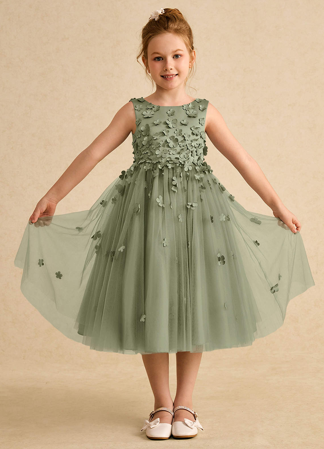 Azazie Lana vestidos de niña de las flores Vestido de Pistacho de Satin Mate de Corte En A con Sin mangas image1