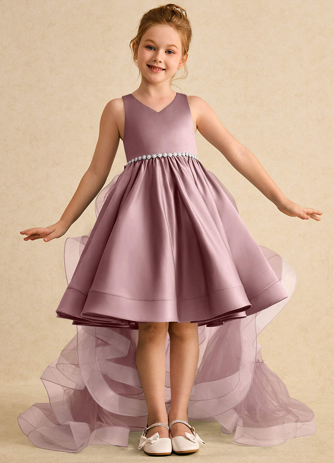 Azazie Julietta Robe Demoiselle D'honneur Fillette Robe Princesse en Tulle Convertible Rose Poussiéreuse image1